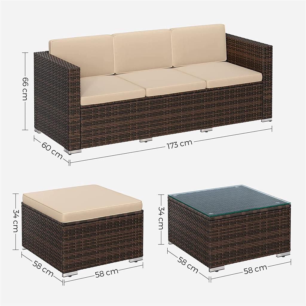Garden Furniture Set - PE Rattan - Black and Beige - 5-Piece Patio Conversation Set with Cushions and Glass Table