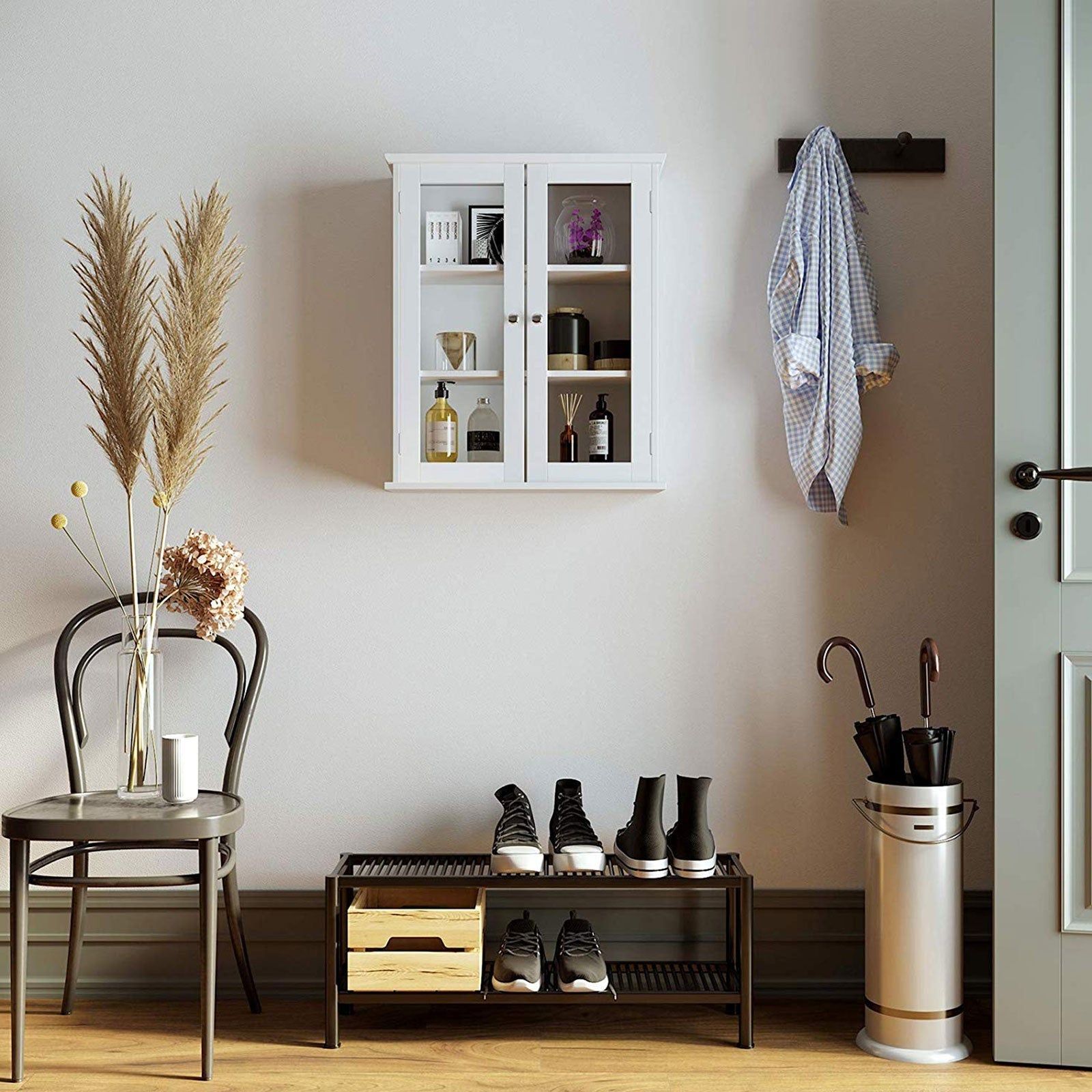 Wall Cabinet - Glass Door with Adjustable Shelves - White - Wooden