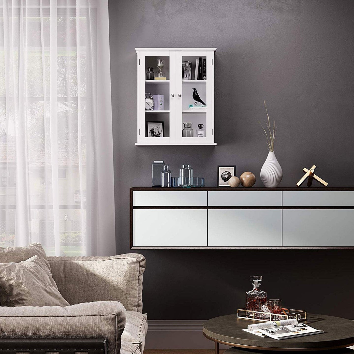 Wall Cabinet - Glass Door with Adjustable Shelves - White - Wooden