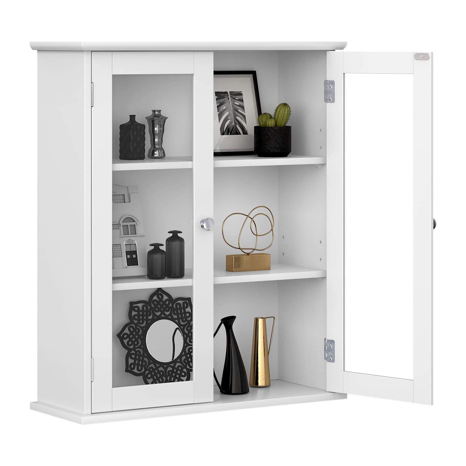Wall Cabinet - Glass Door with Adjustable Shelves - White - Wooden
