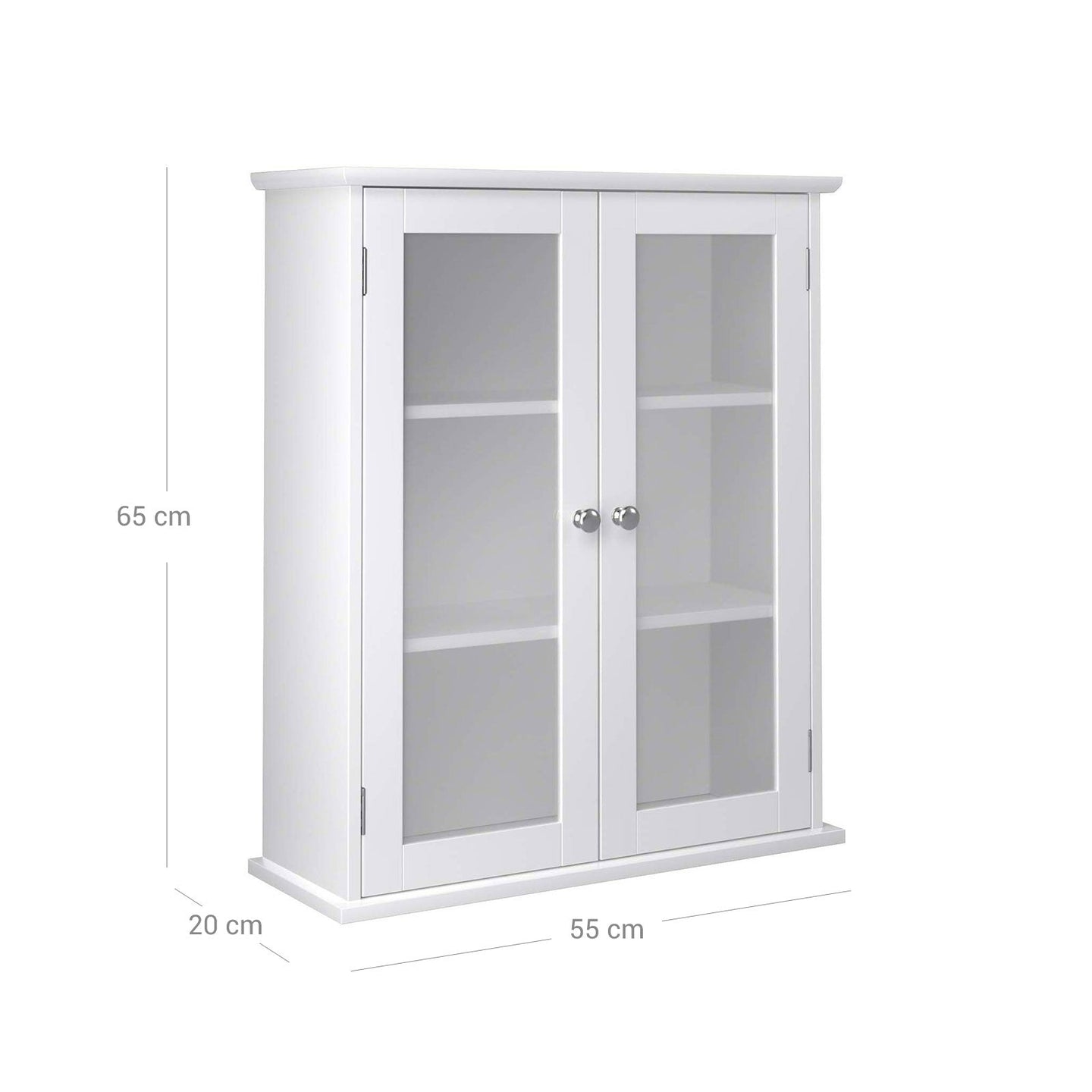 Wall Cabinet - Glass Door with Adjustable Shelves - White - Wooden