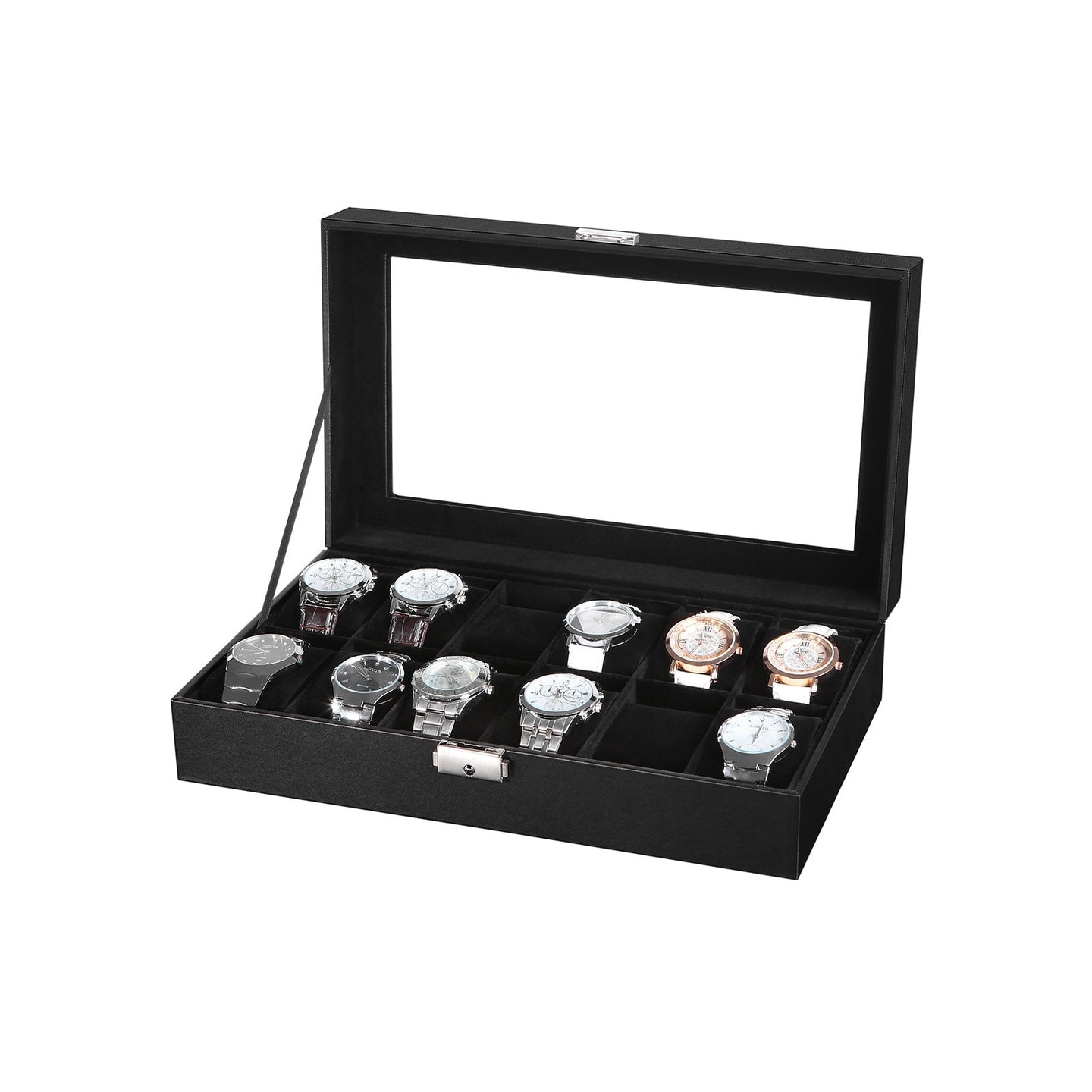 Watch Box - Faux Leather - Black - 12-Slot with Glass Lid and Velvet Lining