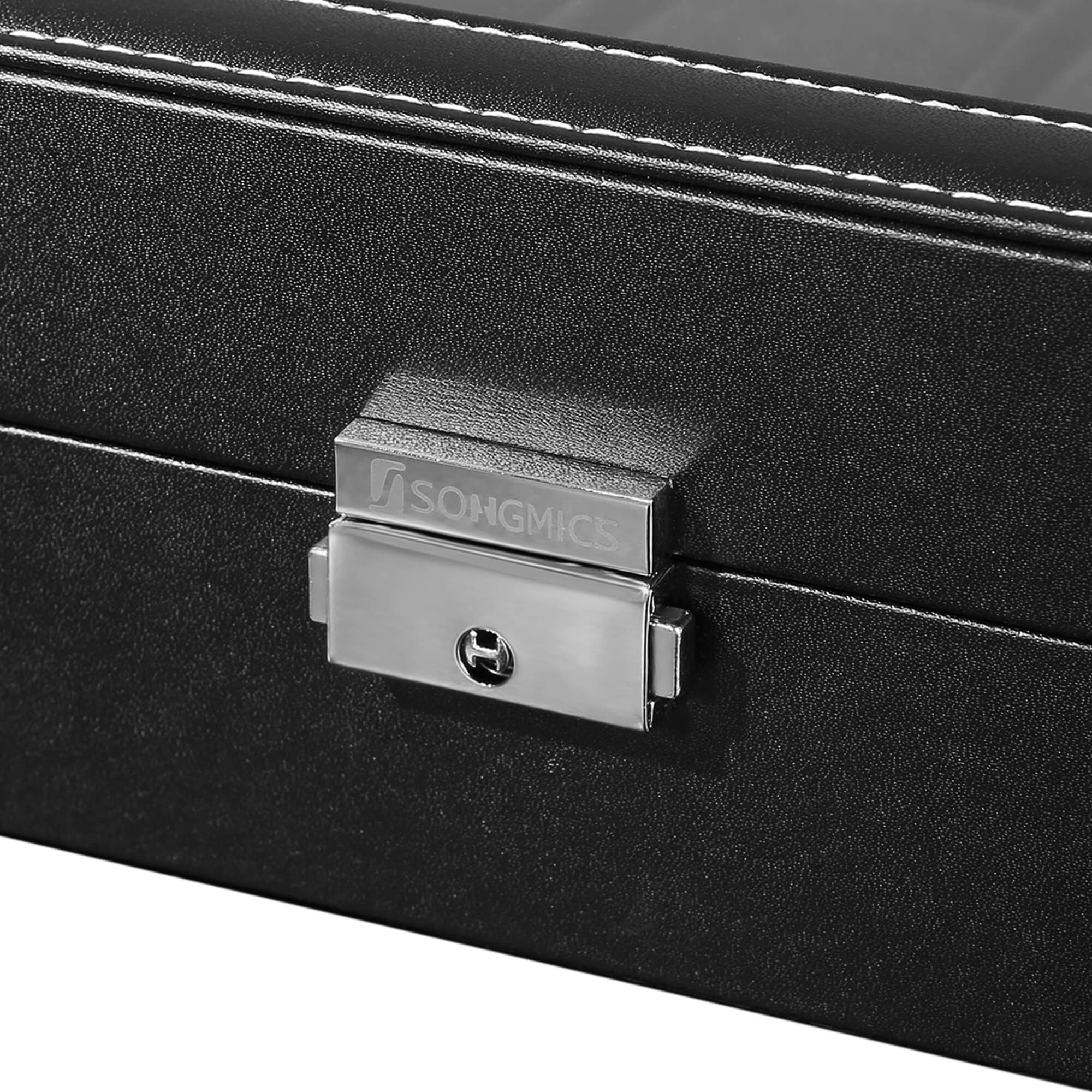 Watch Box - Faux Leather - Black - 12-Slot with Glass Lid and Velvet Lining