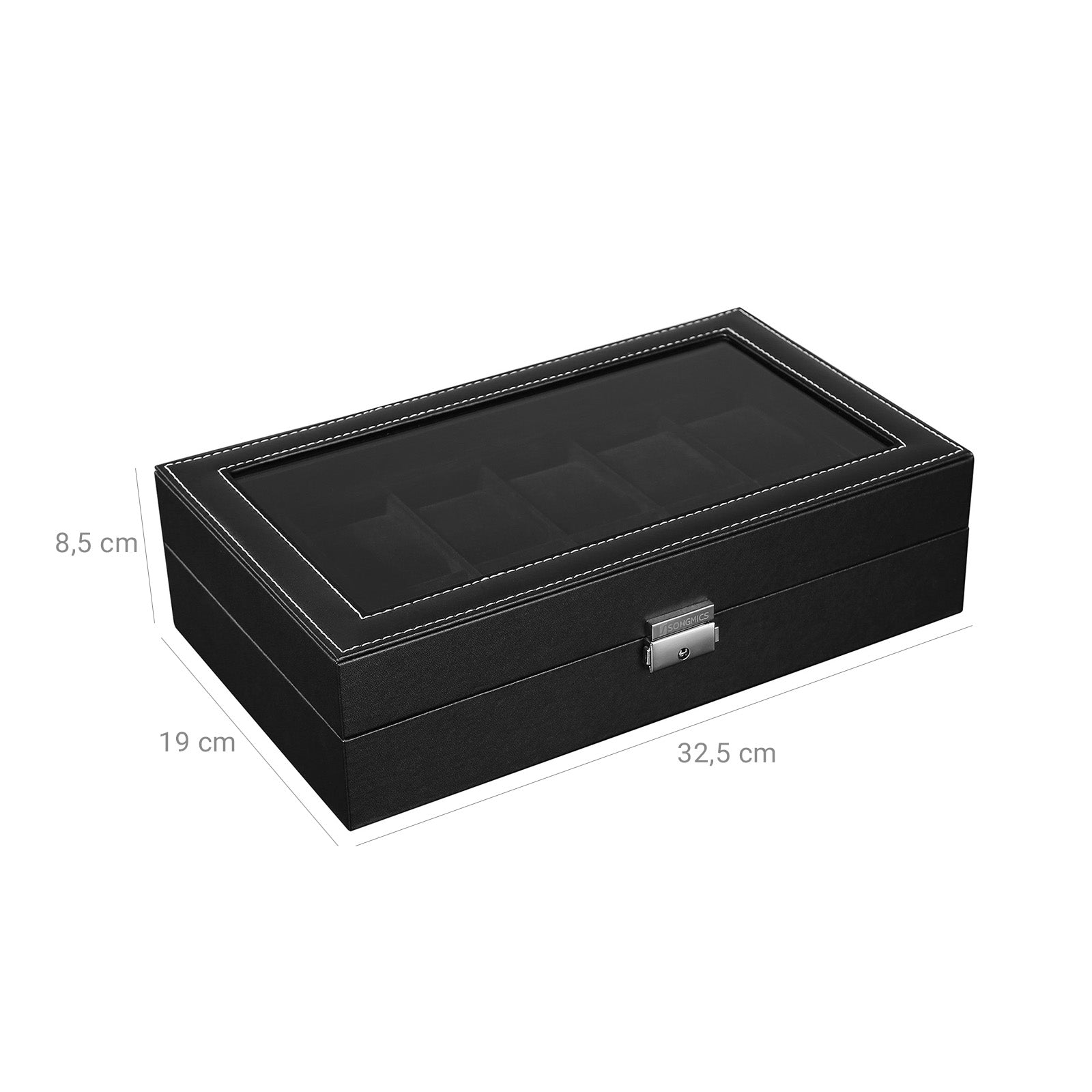 Watch Box - Faux Leather - Black - 12-Slot with Glass Lid and Velvet Lining