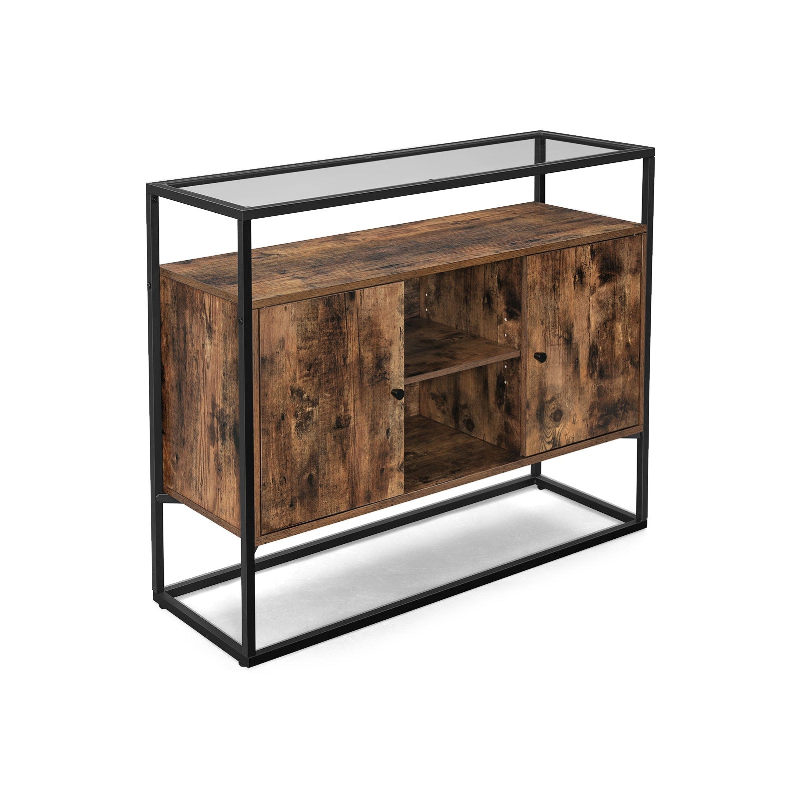 Storage Cabinet - Tempered Glass - Rustic Brown and Black - Open Compartments