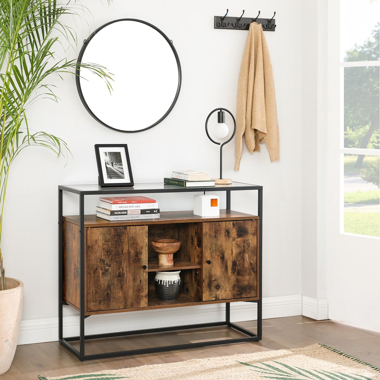 Storage Cabinet - Tempered Glass - Rustic Brown and Black - Open Compartments