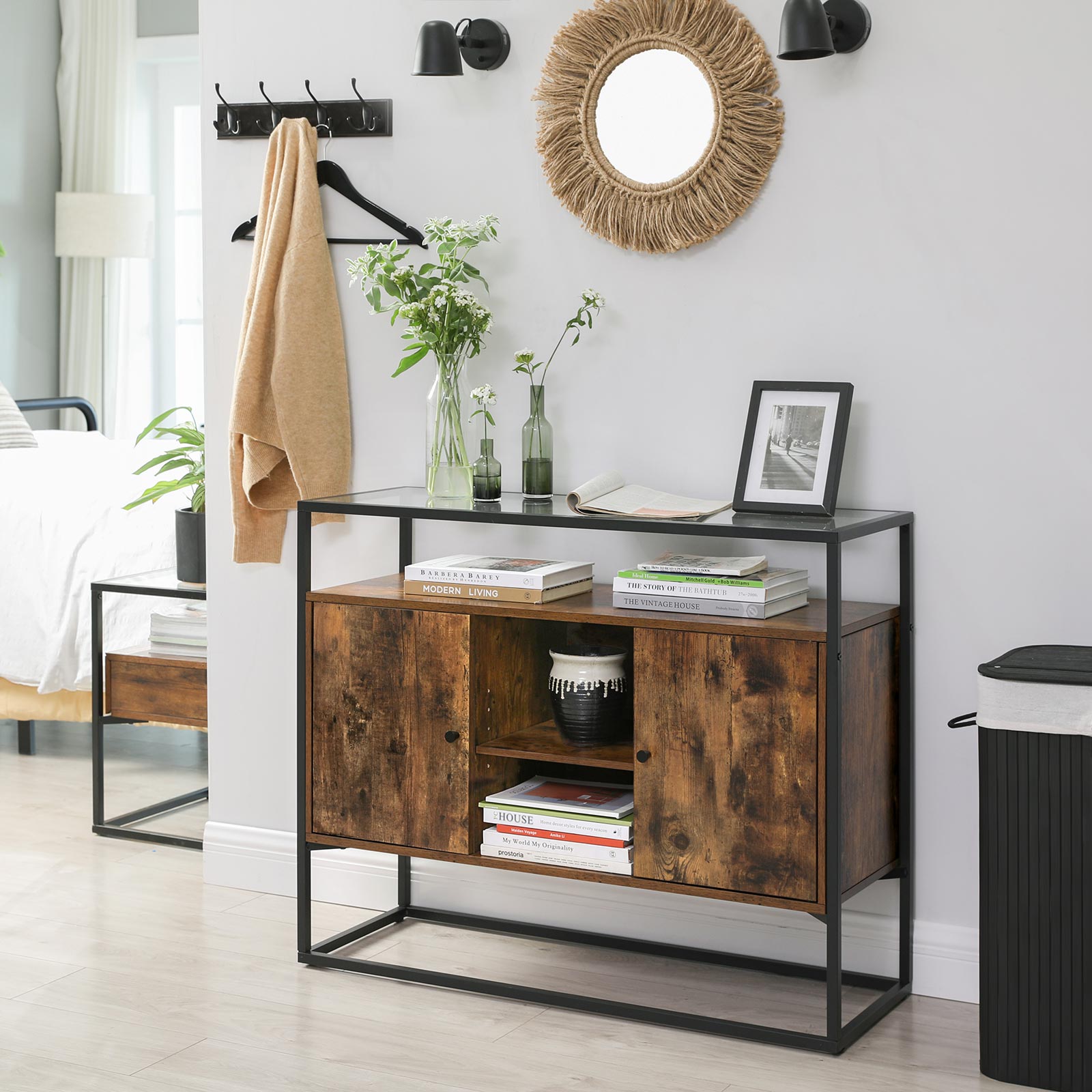 Storage Cabinet - Tempered Glass - Rustic Brown and Black - Open Compartments