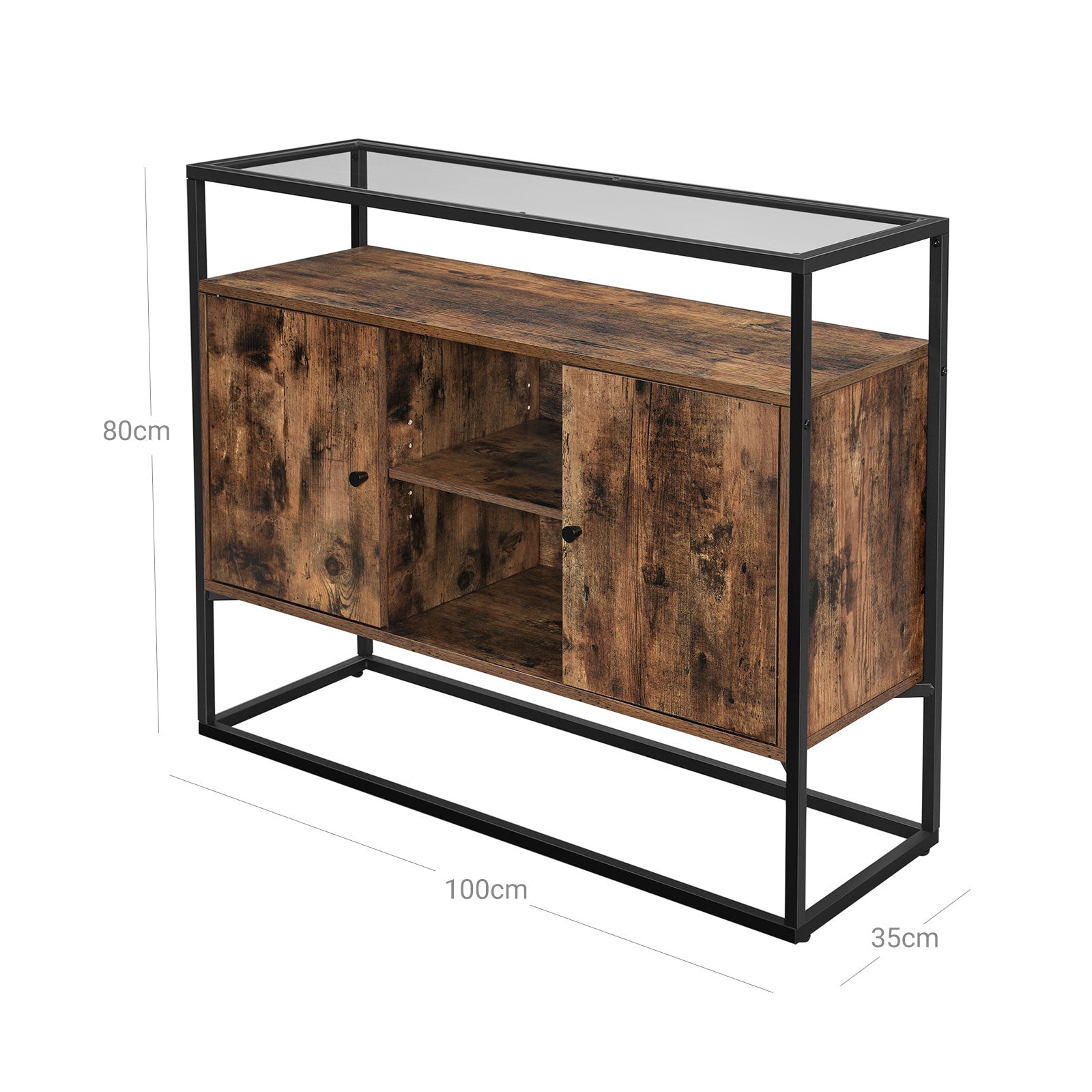 Storage Cabinet - Tempered Glass - Rustic Brown and Black - Open Compartments