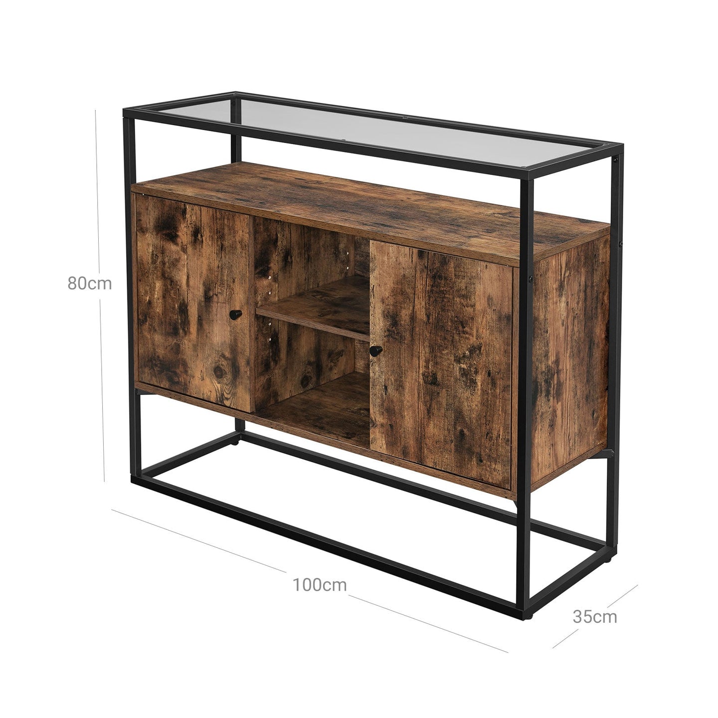 Storage Cabinet - Tempered Glass - Rustic Brown and Black - Open Compartments