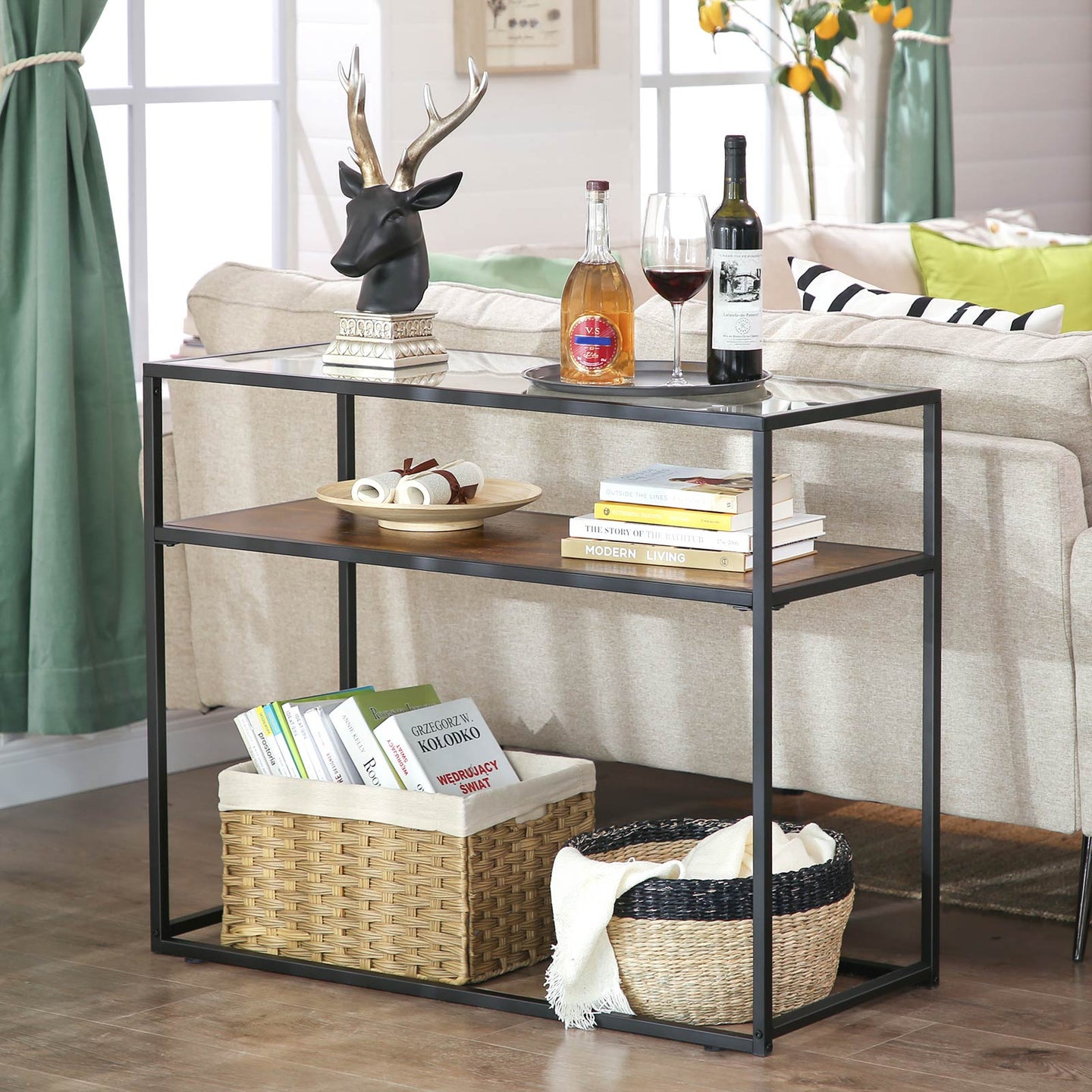 Console Table - Tempered Glass - Rustic Brown and Black