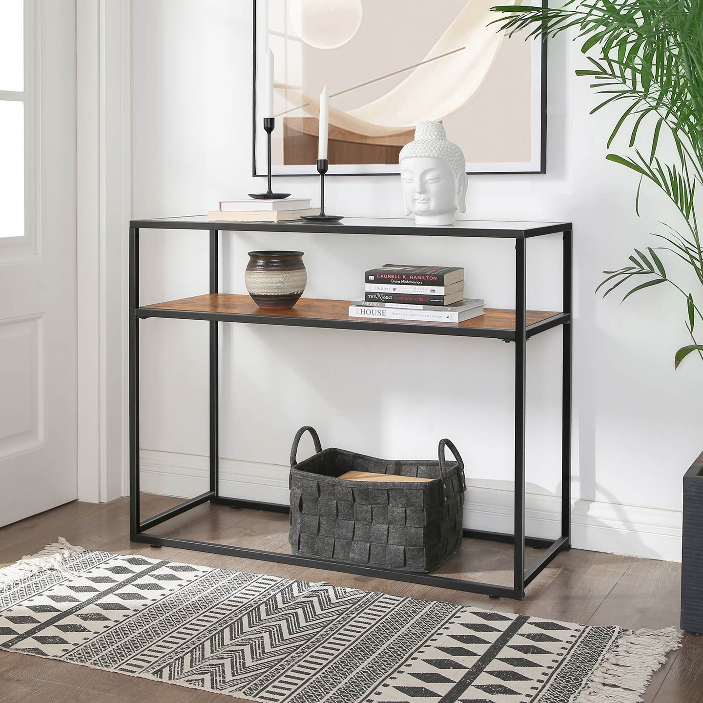 Console Table - Tempered Glass - Rustic Brown and Black