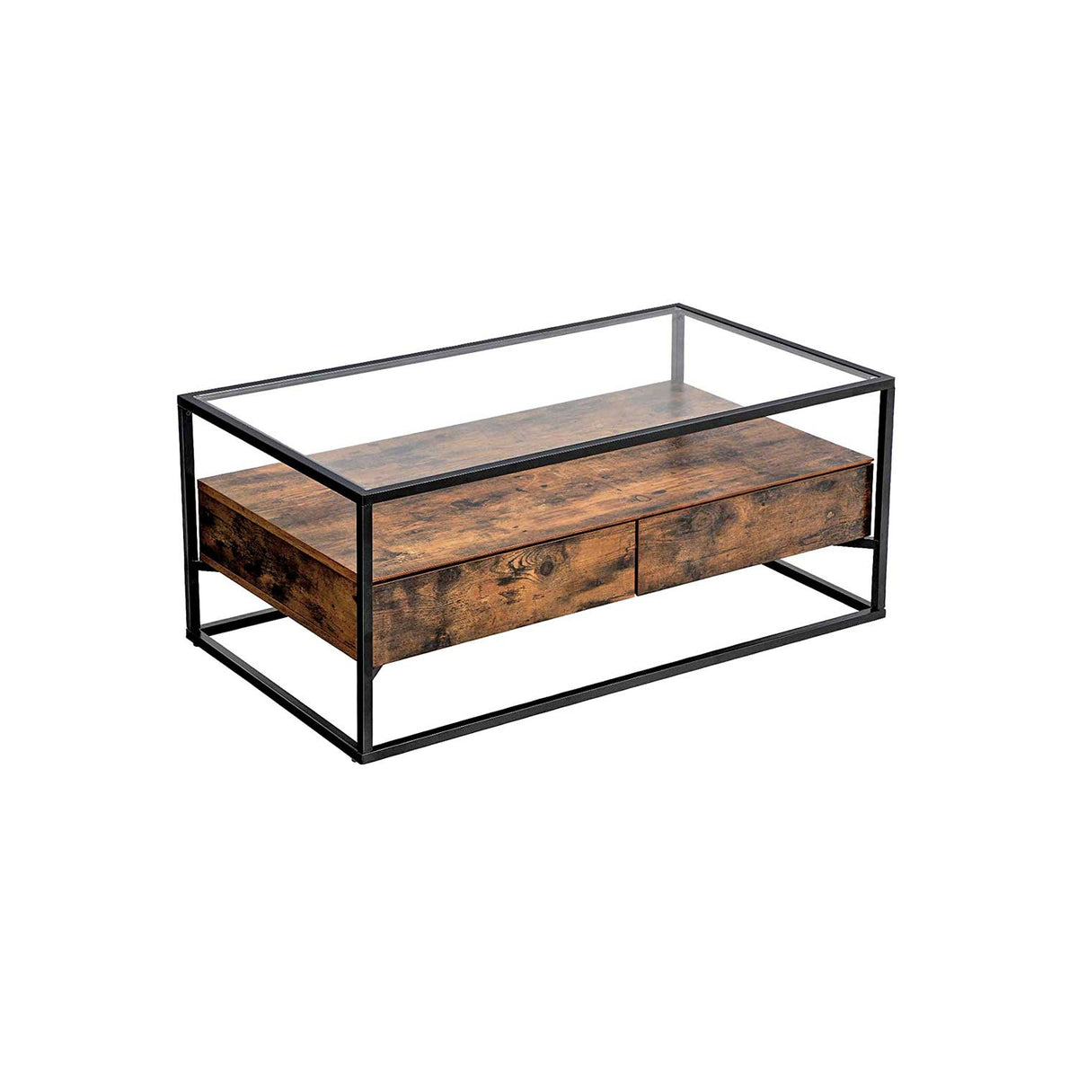 Coffee Table - Tempered Glass - Rustic Brown - With 2 Drawers and Industrial Shelf