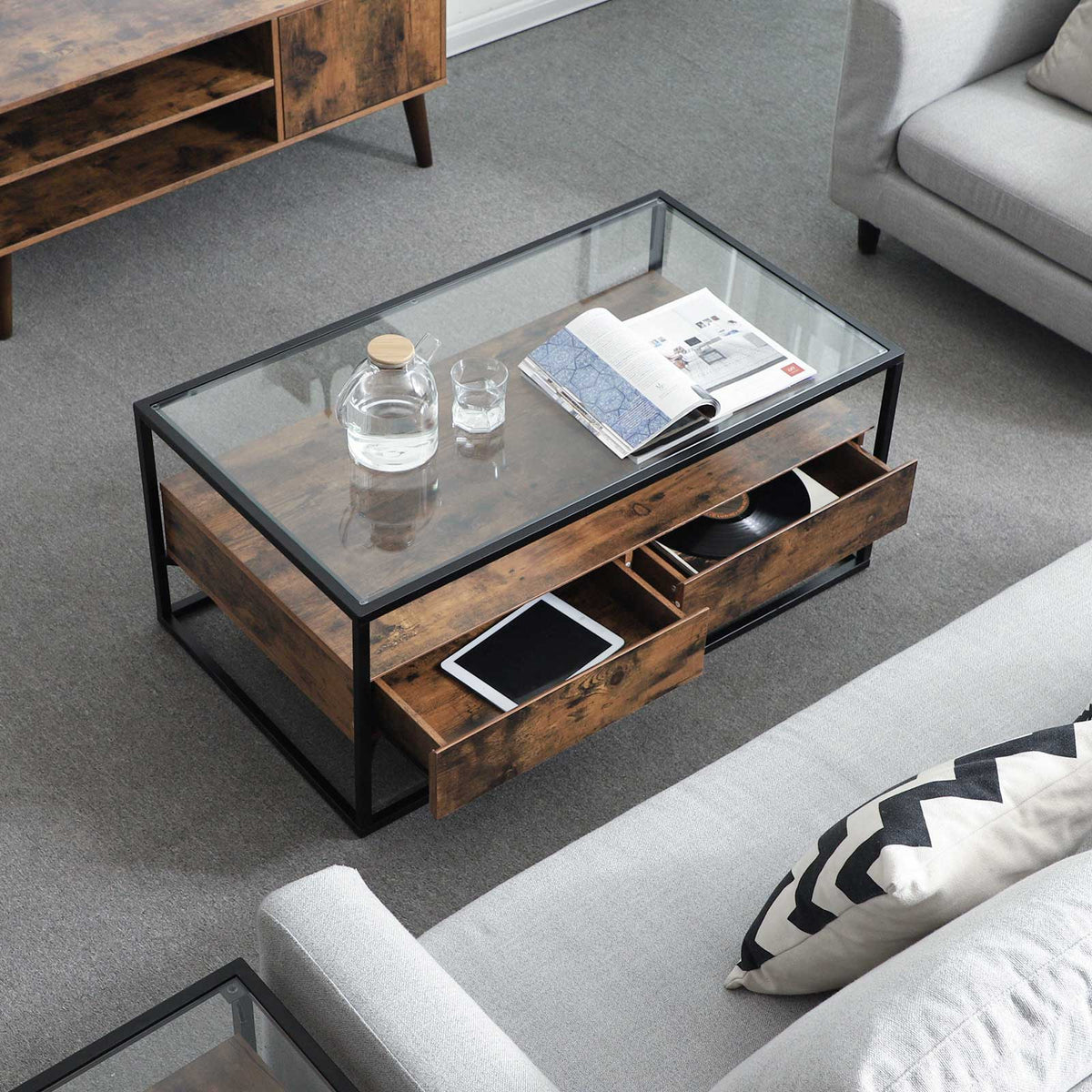 Coffee Table - Tempered Glass - Rustic Brown - With 2 Drawers and Industrial Shelf