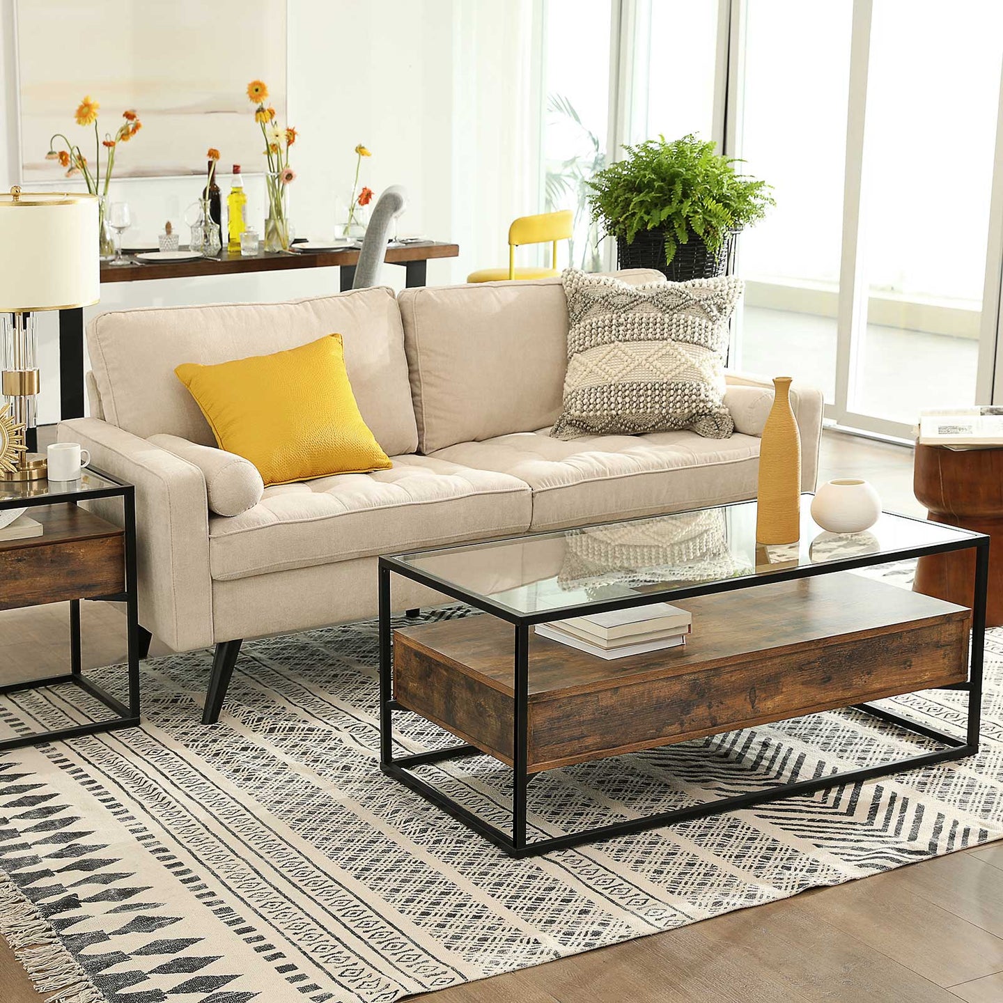 Coffee Table - Tempered Glass - Rustic Brown - With 2 Drawers and Industrial Shelf