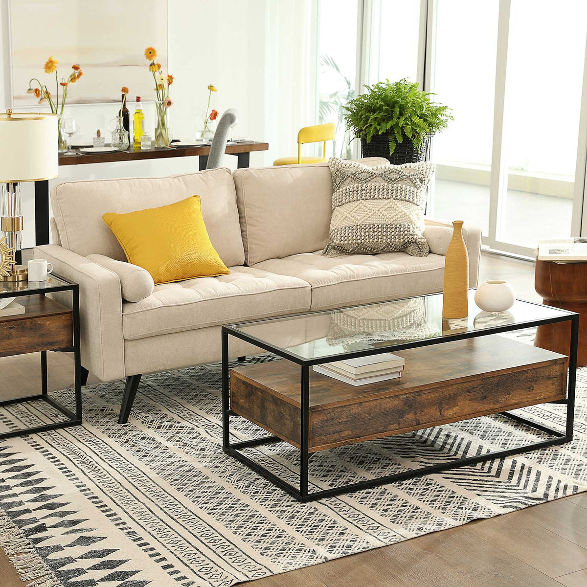 Coffee Table - Tempered Glass - Rustic Brown - With 2 Drawers and Industrial Shelf