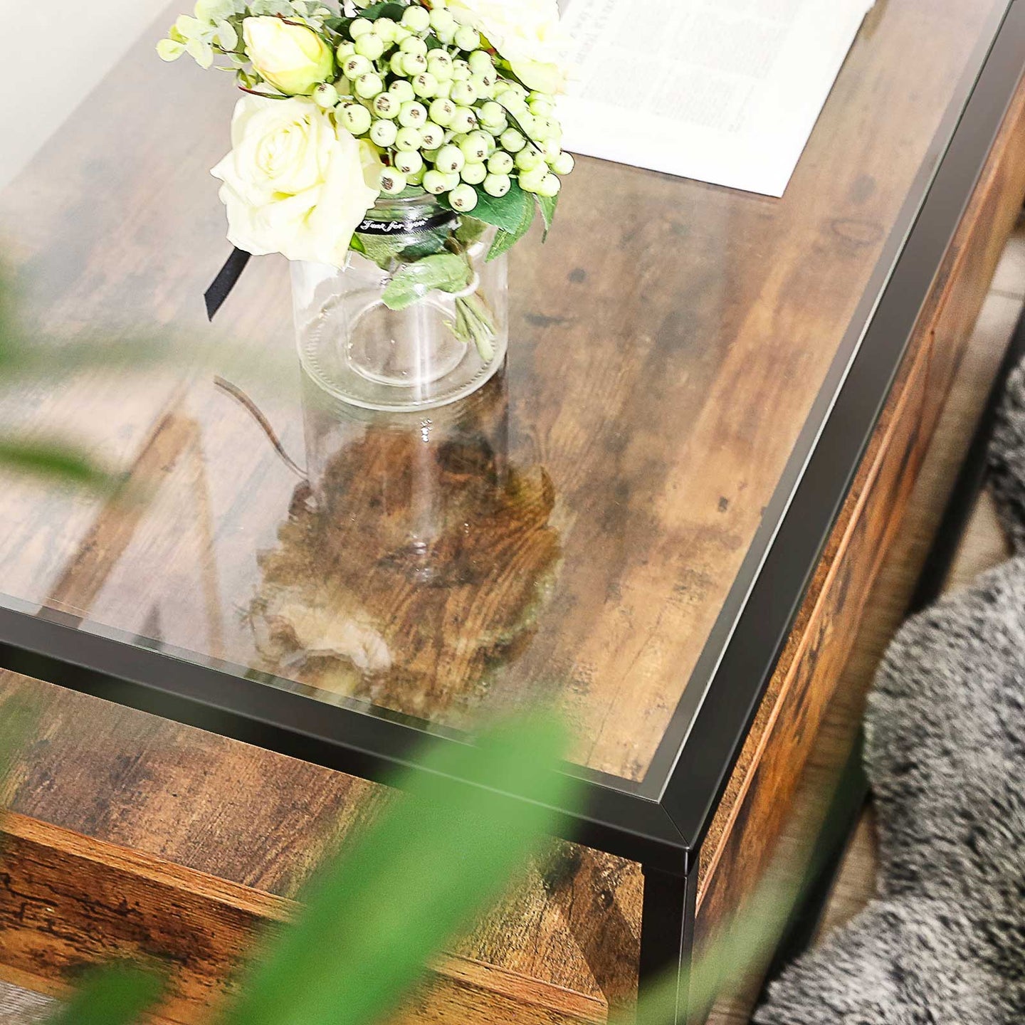 Coffee Table - Tempered Glass - Rustic Brown - With 2 Drawers and Industrial Shelf