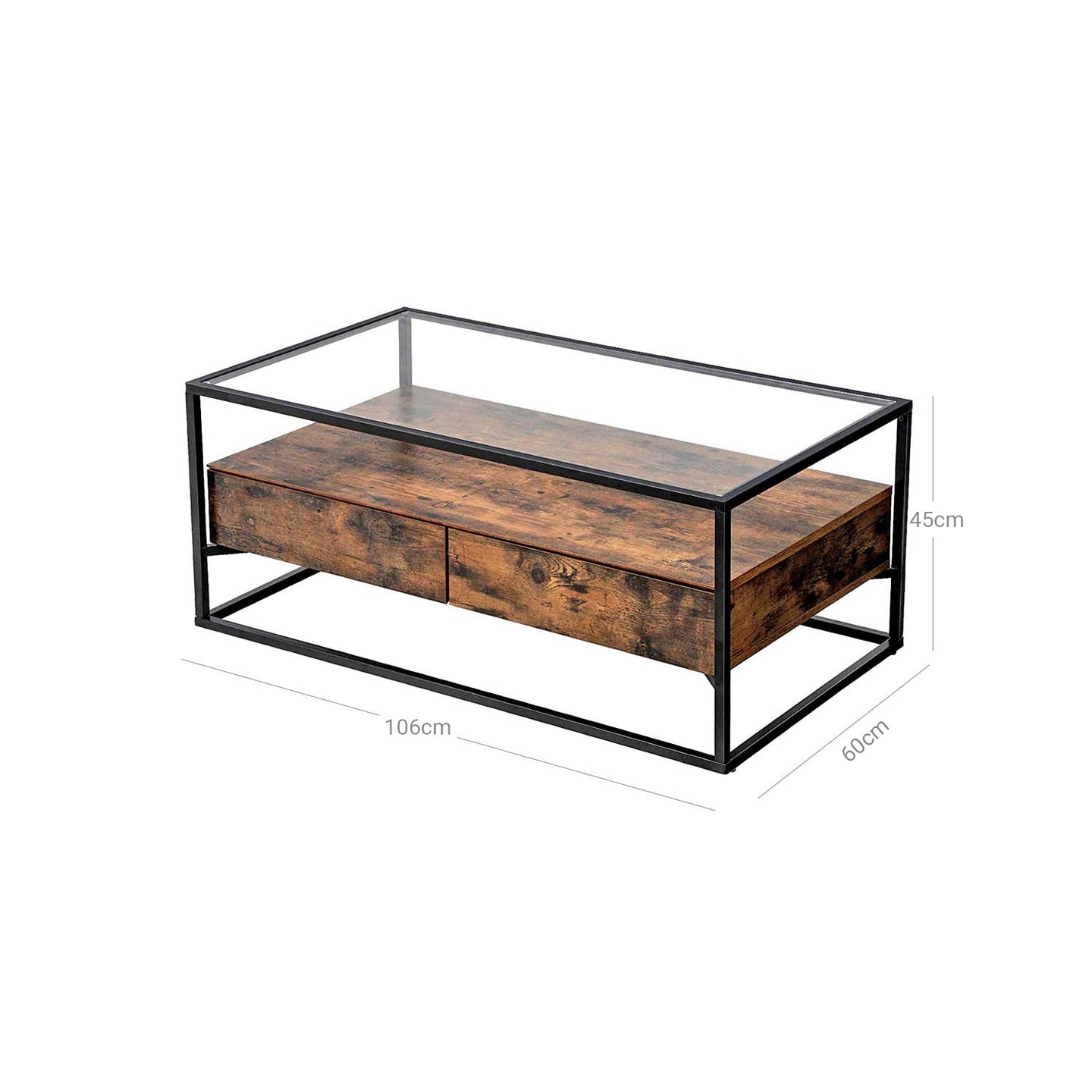 Coffee Table - Tempered Glass - Rustic Brown - With 2 Drawers and Industrial Shelf