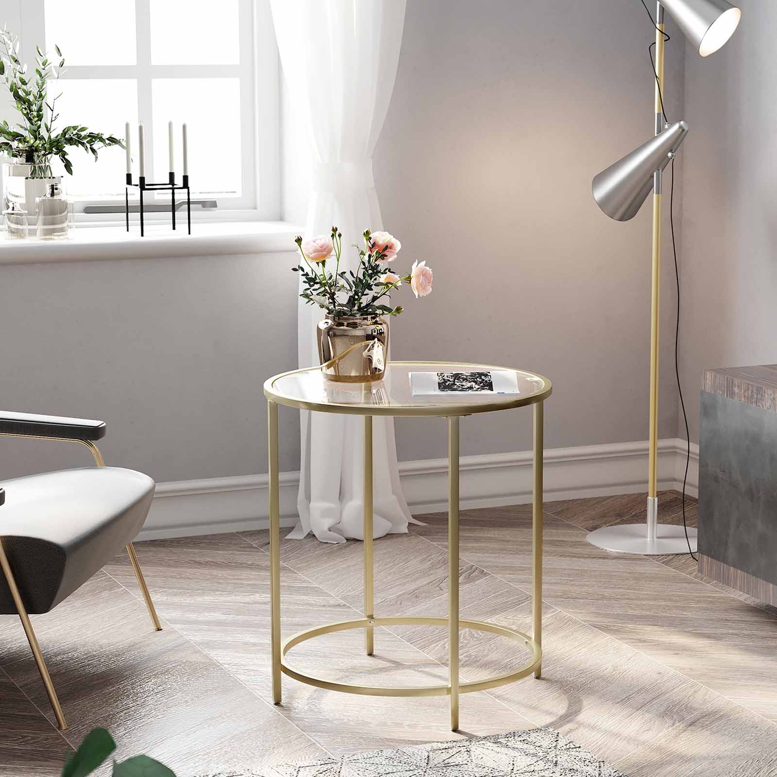 Round Side Table - Tempered Glass - Gold - Robust and Decorative