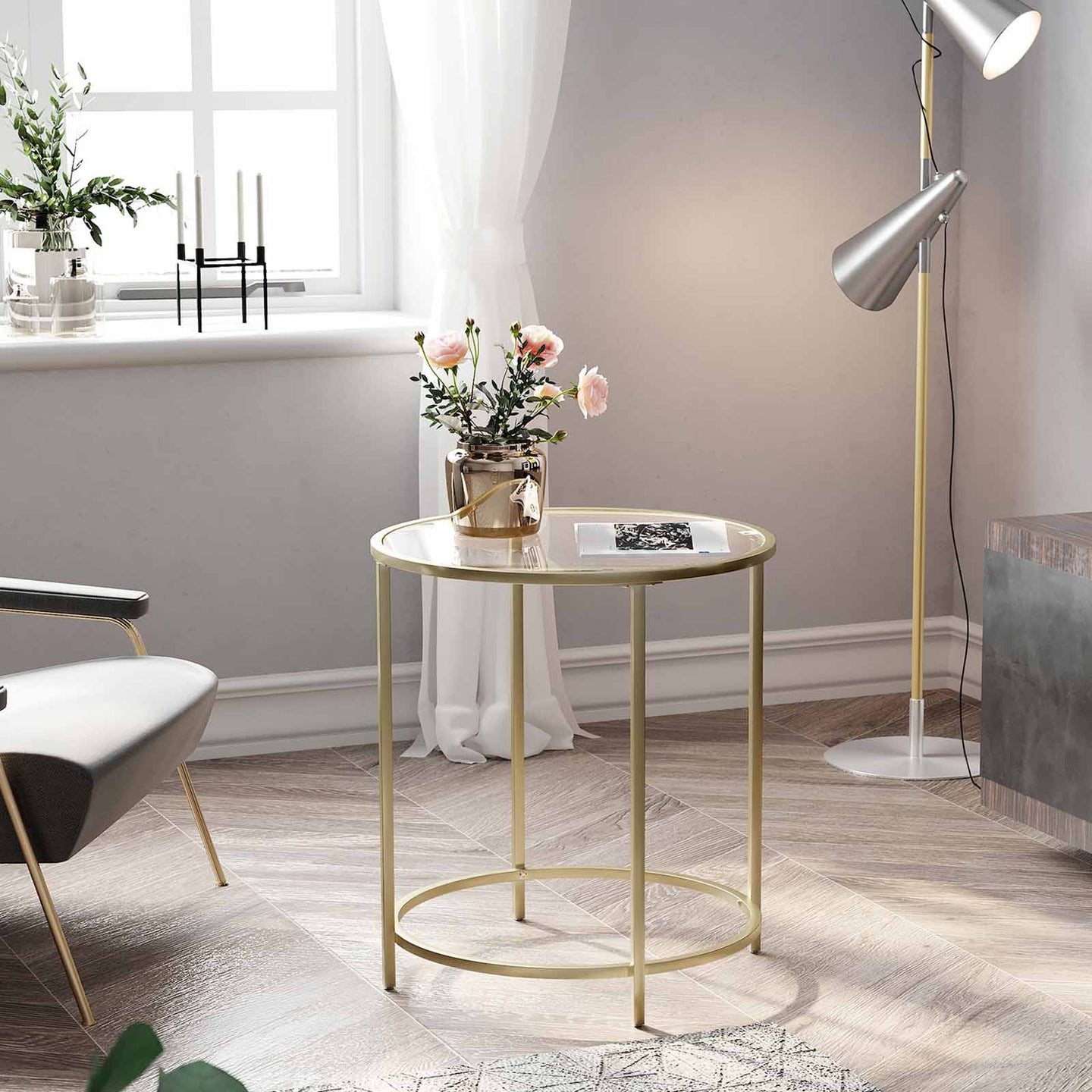 Round Side Table - Tempered Glass - Gold - Robust and Decorative