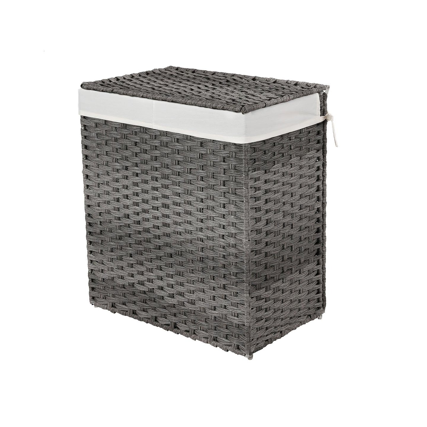 Handwoven Laundry Hamper - Synthetic Rattan - Gray - Divided Design with Lid and Handles