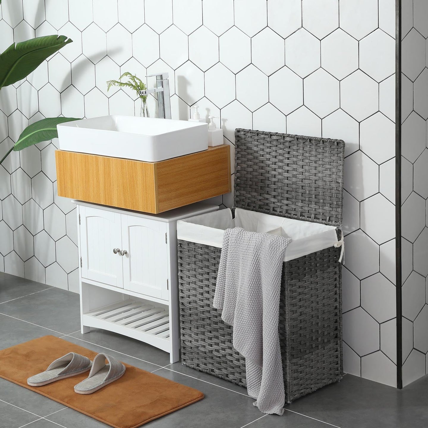 Handwoven Laundry Hamper - Synthetic Rattan - Gray - Divided Design with Lid and Handles