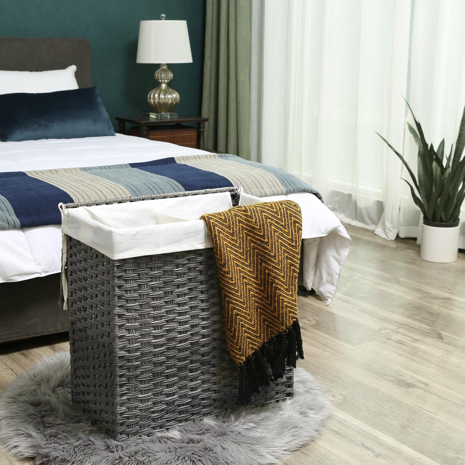 Handwoven Laundry Hamper - Synthetic Rattan - Gray - Divided Design with Lid and Handles