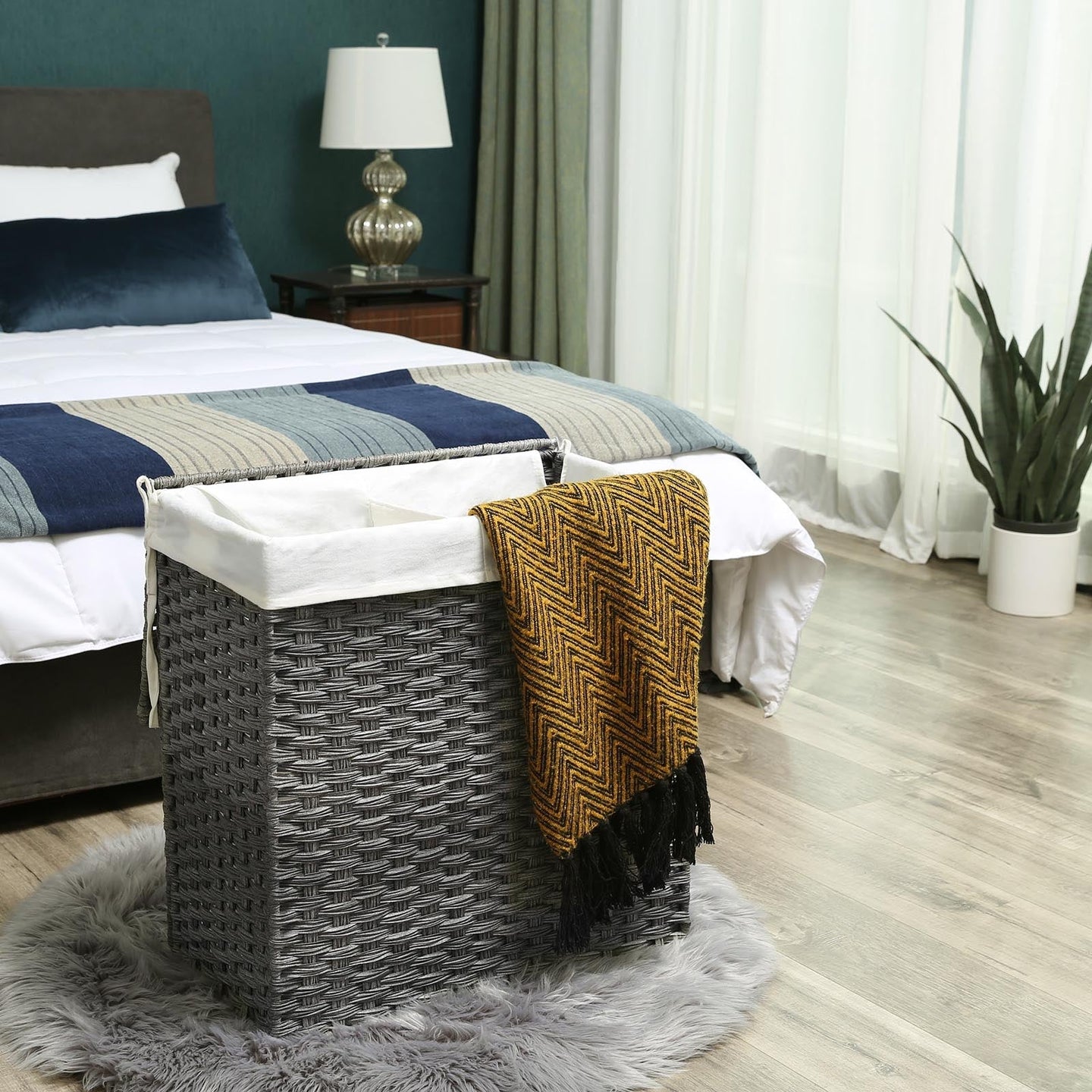 Handwoven Laundry Hamper - Synthetic Rattan - Gray - Divided Design with Lid and Handles