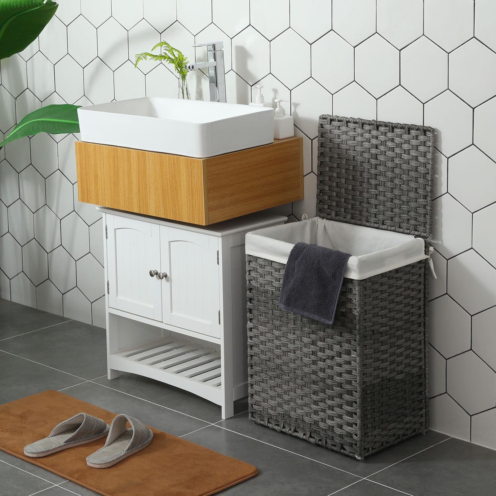 Laundry Basket - Synthetic Rattan - Gray - 90L Capacity with Lid and Removable Liner