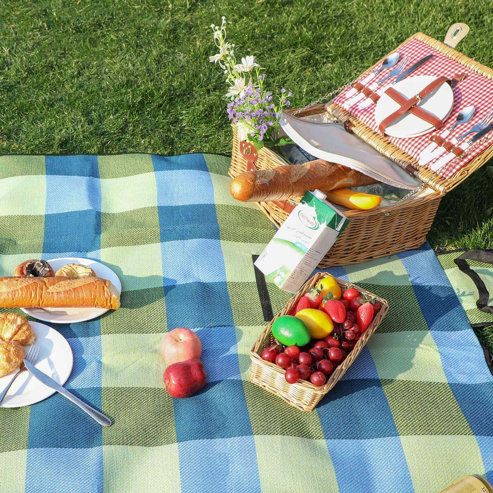 Picnic Blanket - Waterproof Fabric - Green Blue - With Carrying Handle