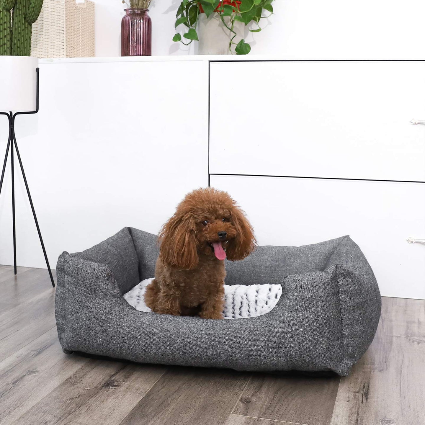 Plush Dog Bed - Soft Fabric - Grey - Round Shape with Removable Cover