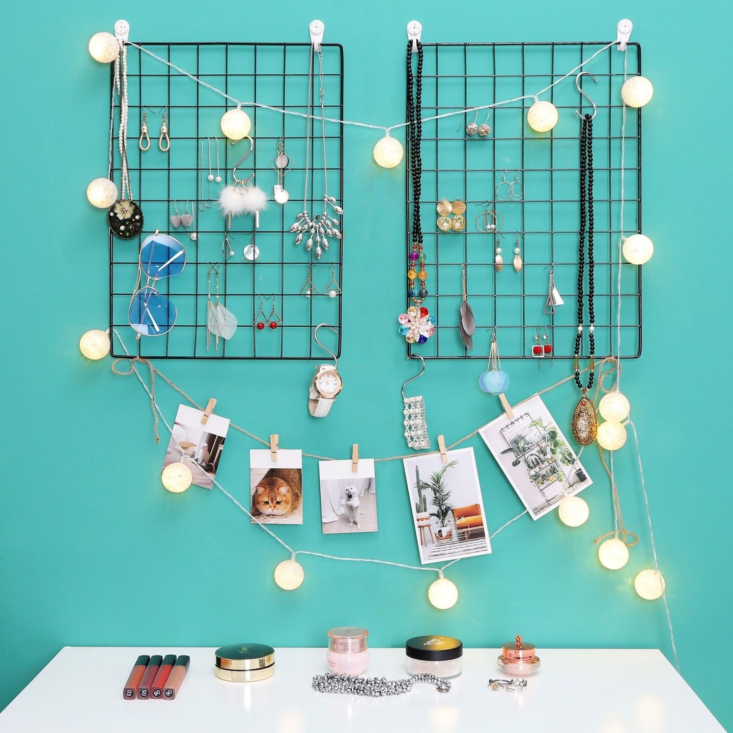 Grid Panel Photo Wall - Metal Mesh - Rose Gold - Multifunctional DIY Display with Clips and S Hooks