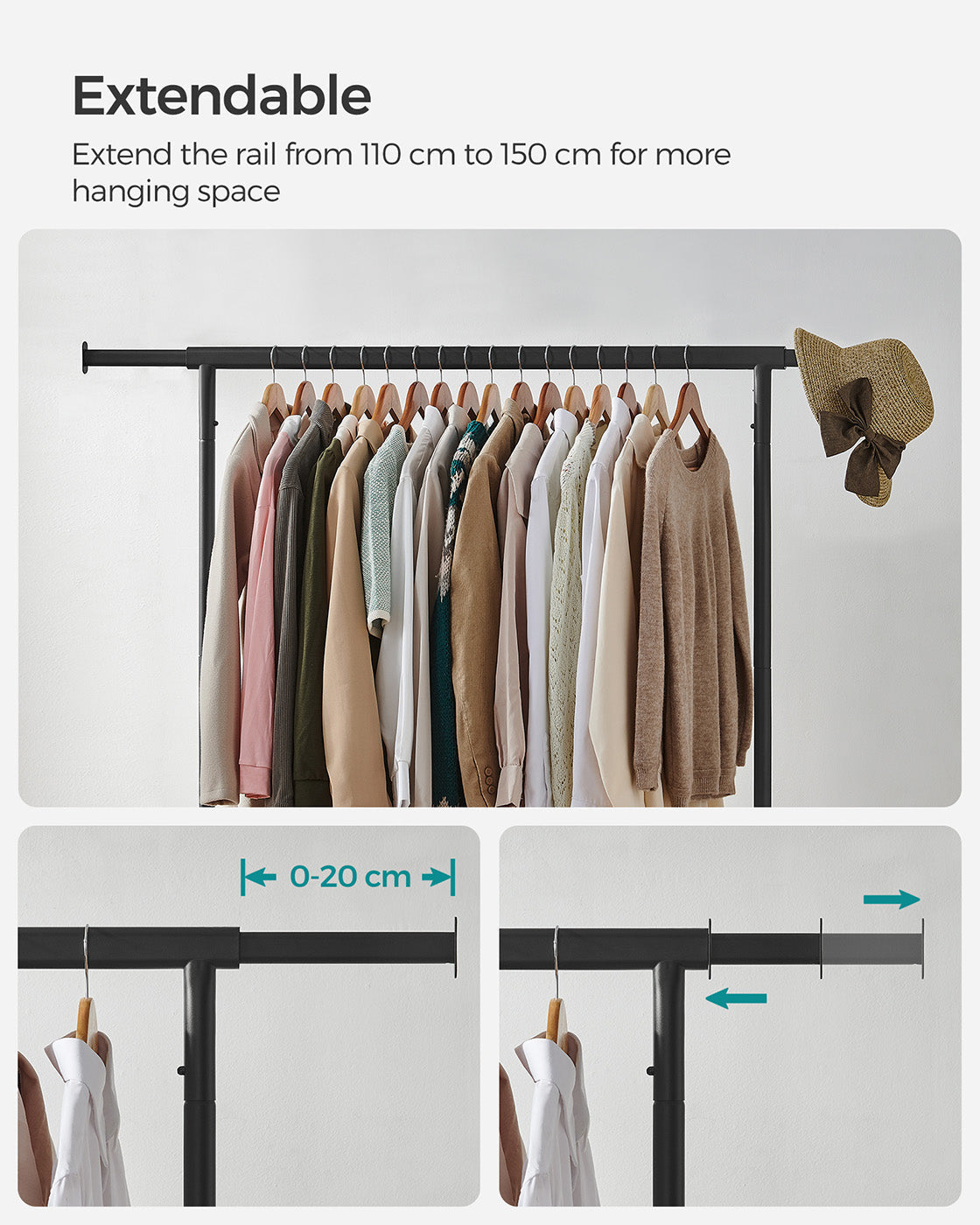 Heavy-Duty Clothes Rack - All-Metal - Matte Black - Extendable Hanging Rail
