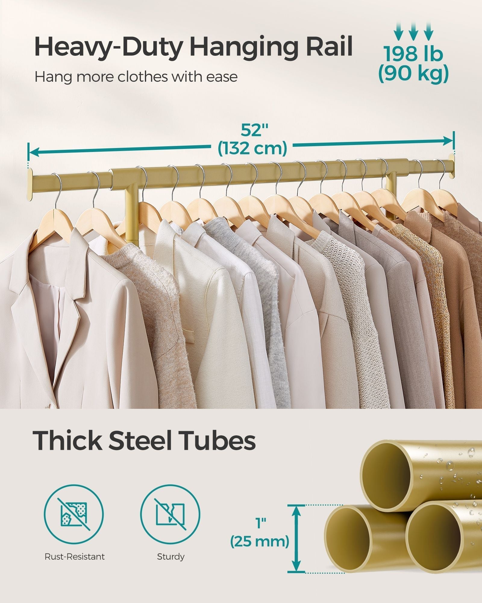 Heavy-Duty Clothes Rack - Metal - Pale Gold - Extendable Hanging Rail