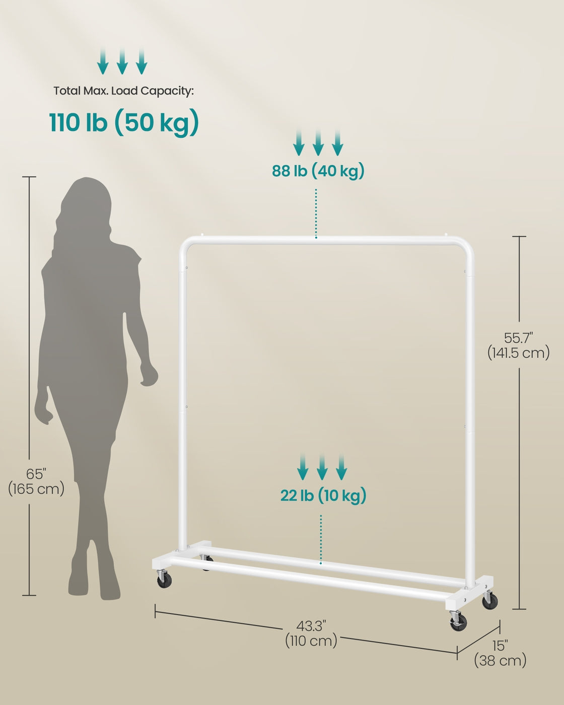 Clothes Rack - Size 90L - Steel - 2 Lockable Wheels