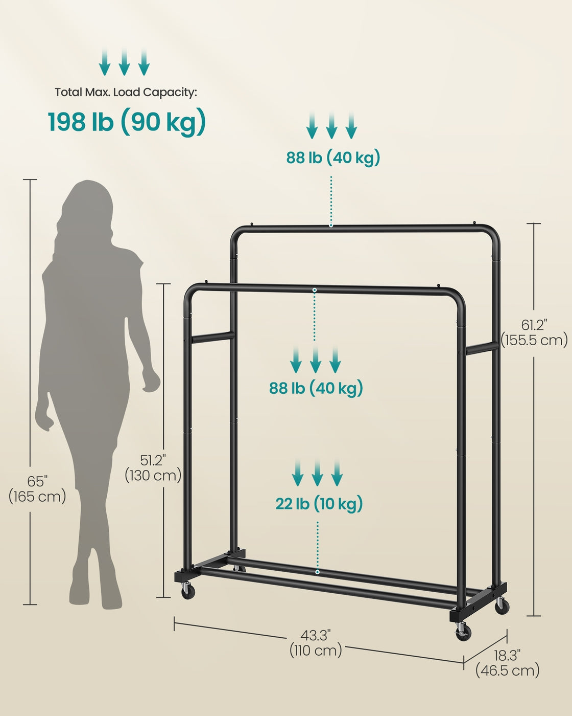 Clothes Rack - 90kg - Steel - Double Rods