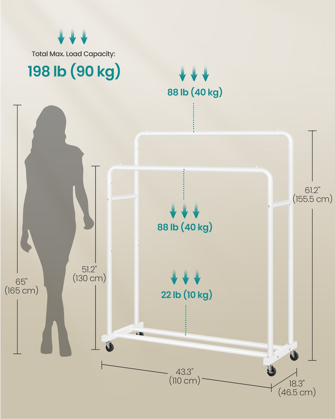 Clothes Rack - 90L - Steel - Double Rods
