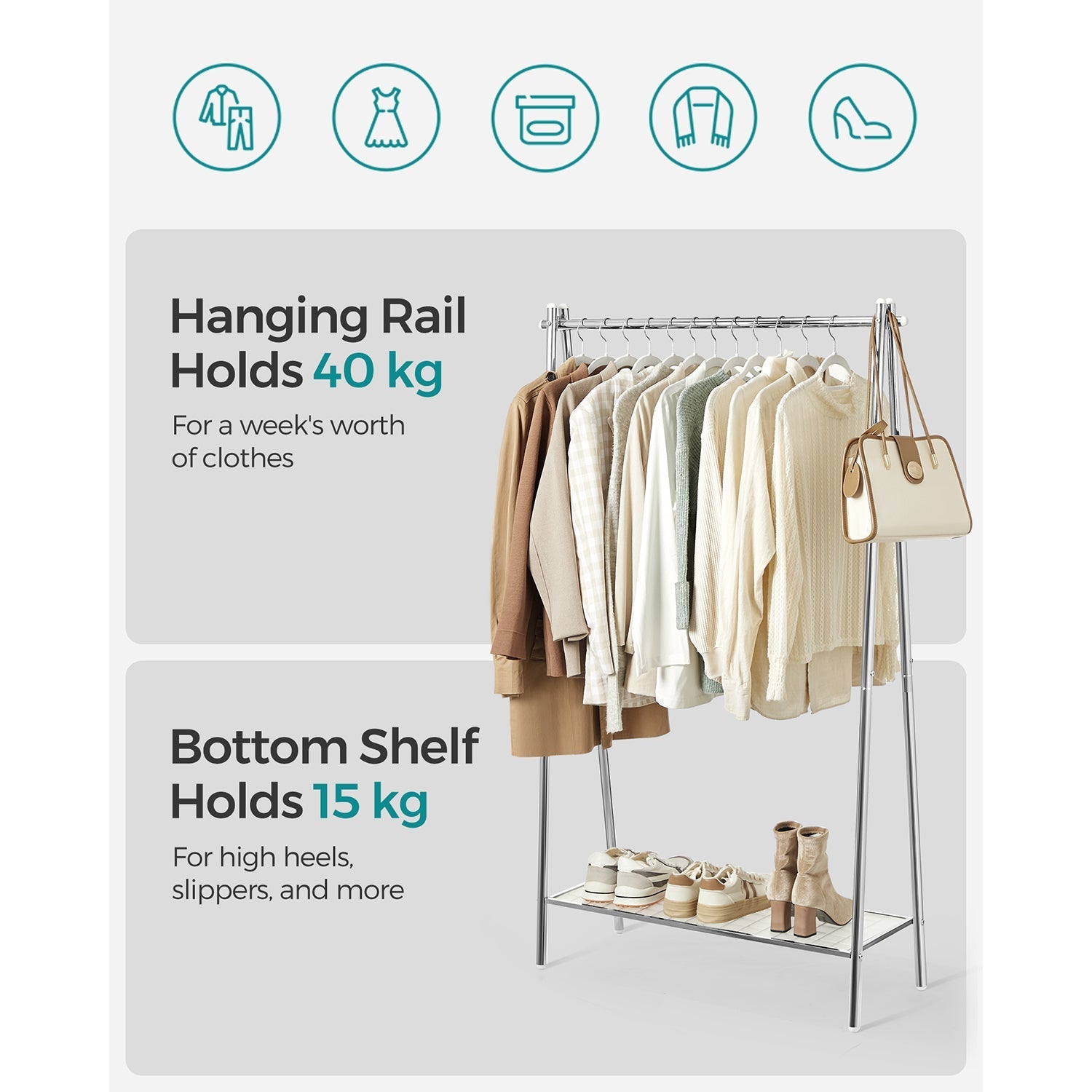Clothes Rack - Steel - Silver - Includes Hanging Rail and Shelf