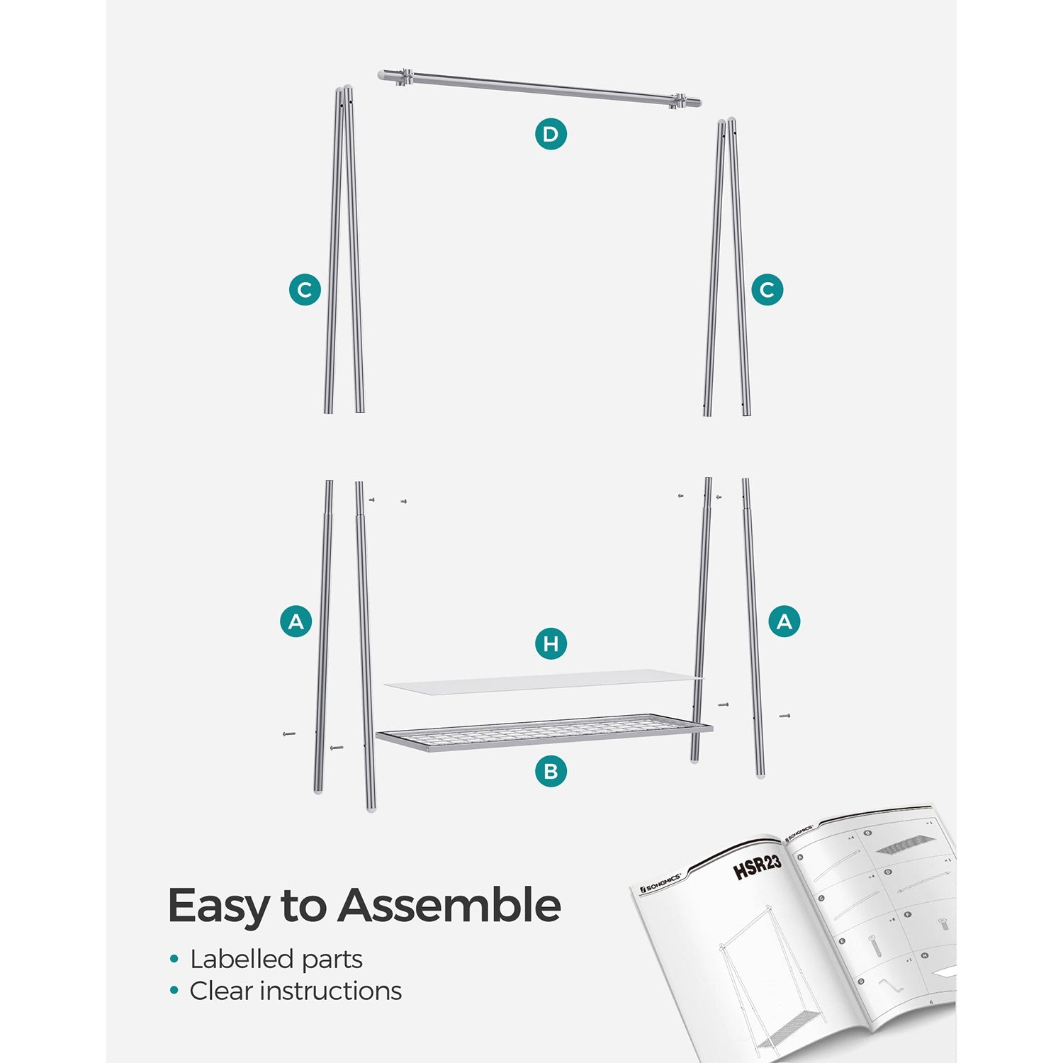 Clothes Rack - Steel - Silver - Includes Hanging Rail and Shelf