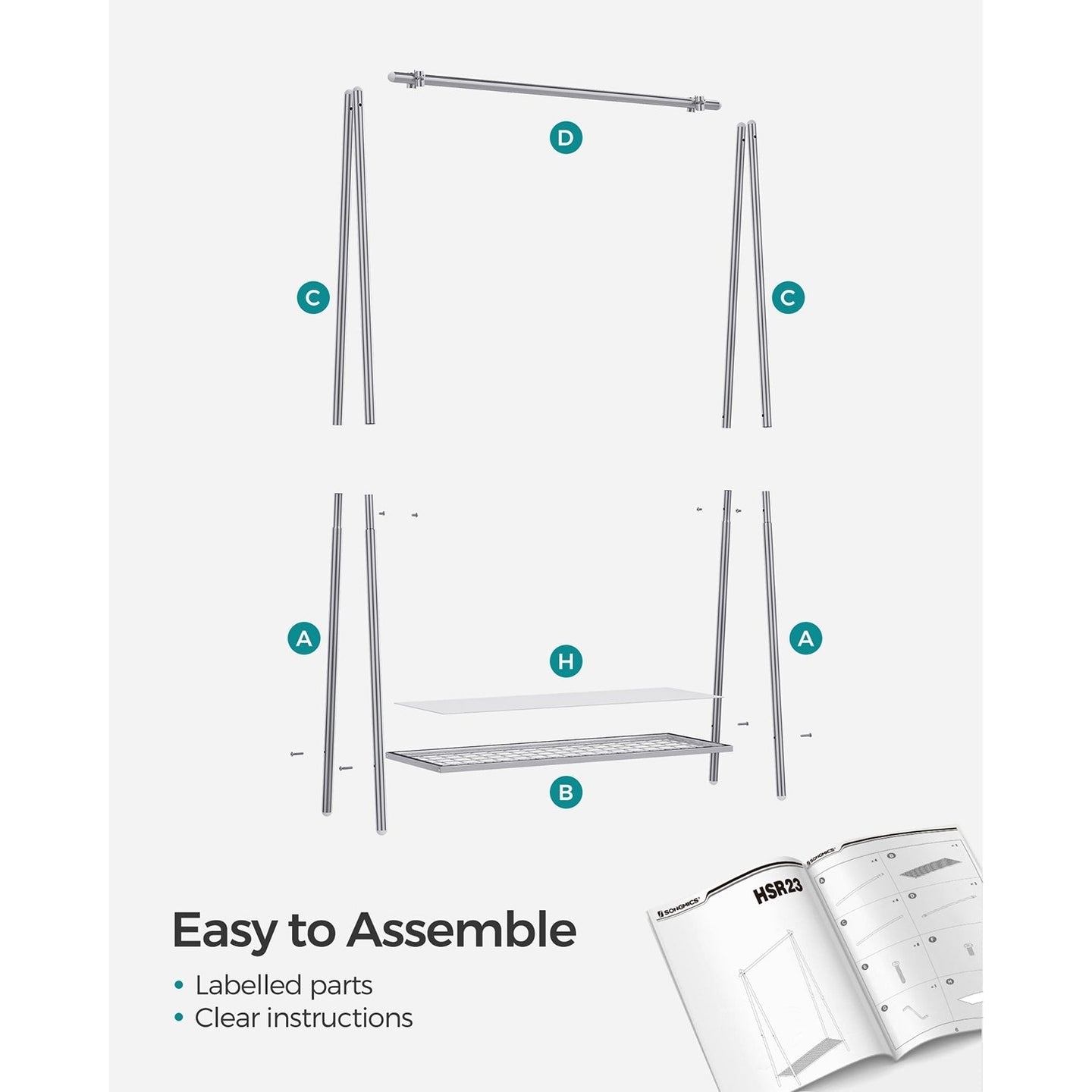 Clothes Rack - Steel - Silver - Includes Hanging Rail and Shelf