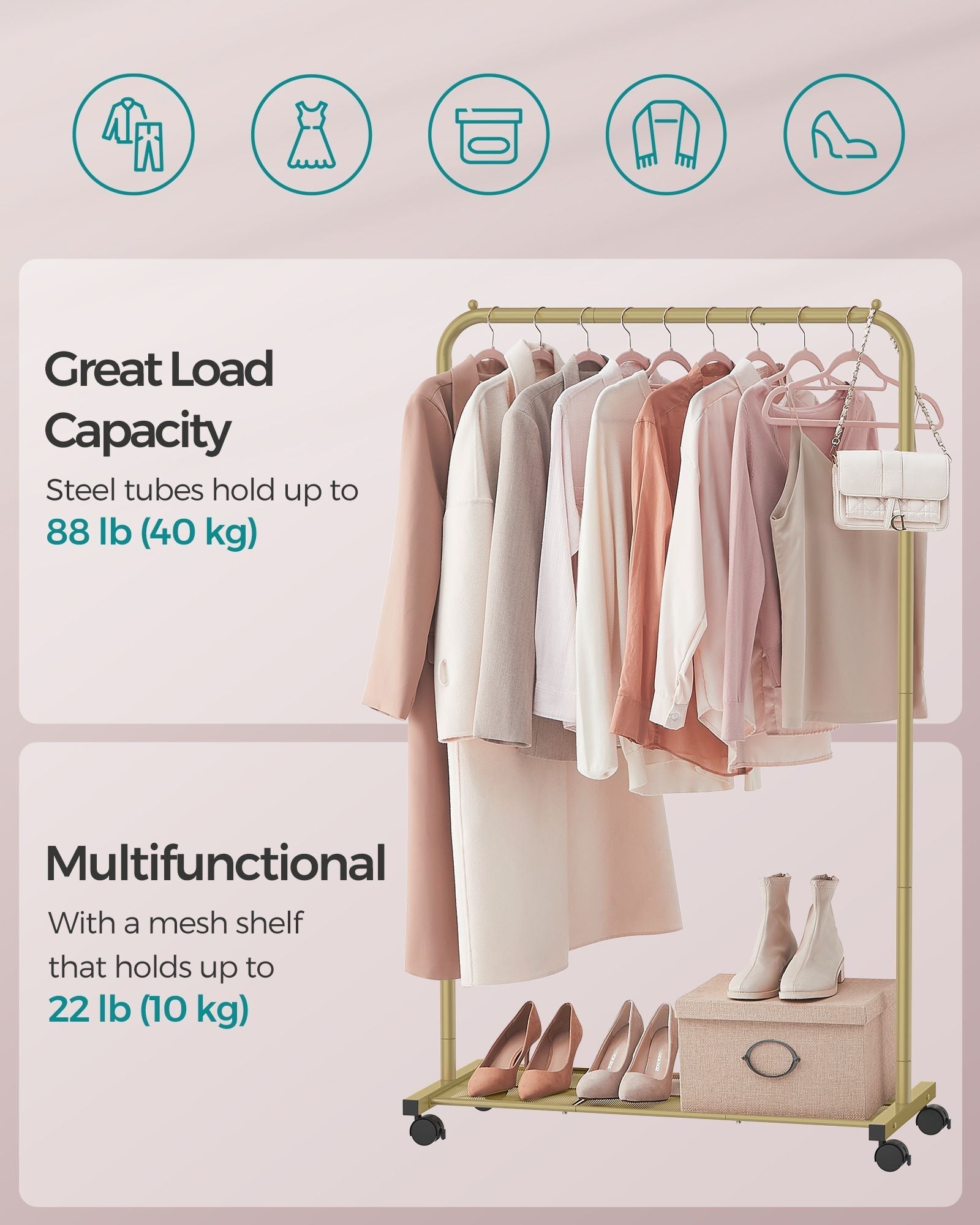 Clothes Rack - Metal - Pale Gold - Portable with Storage Shelf