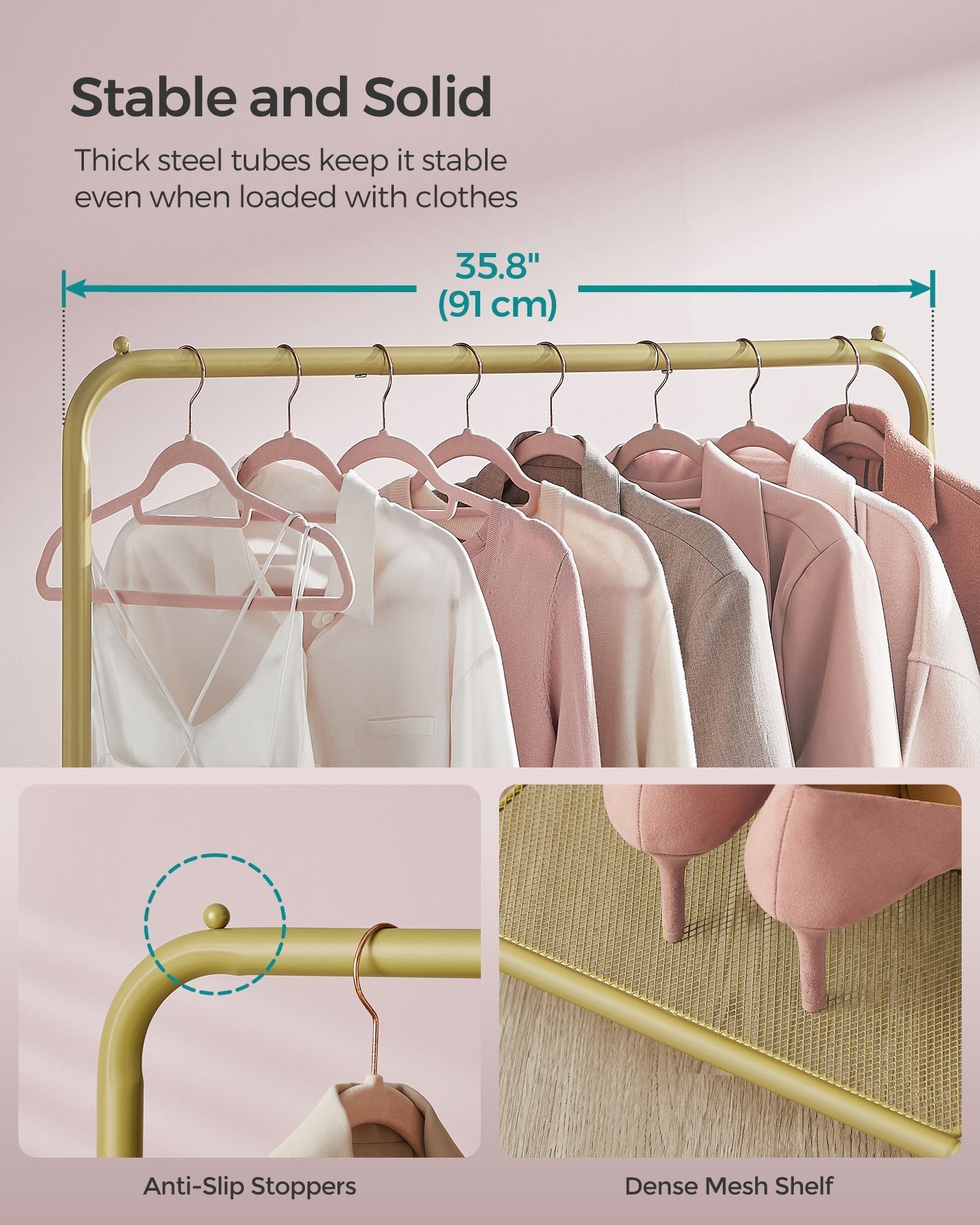 Clothes Rack - Metal - Pale Gold - Portable with Storage Shelf