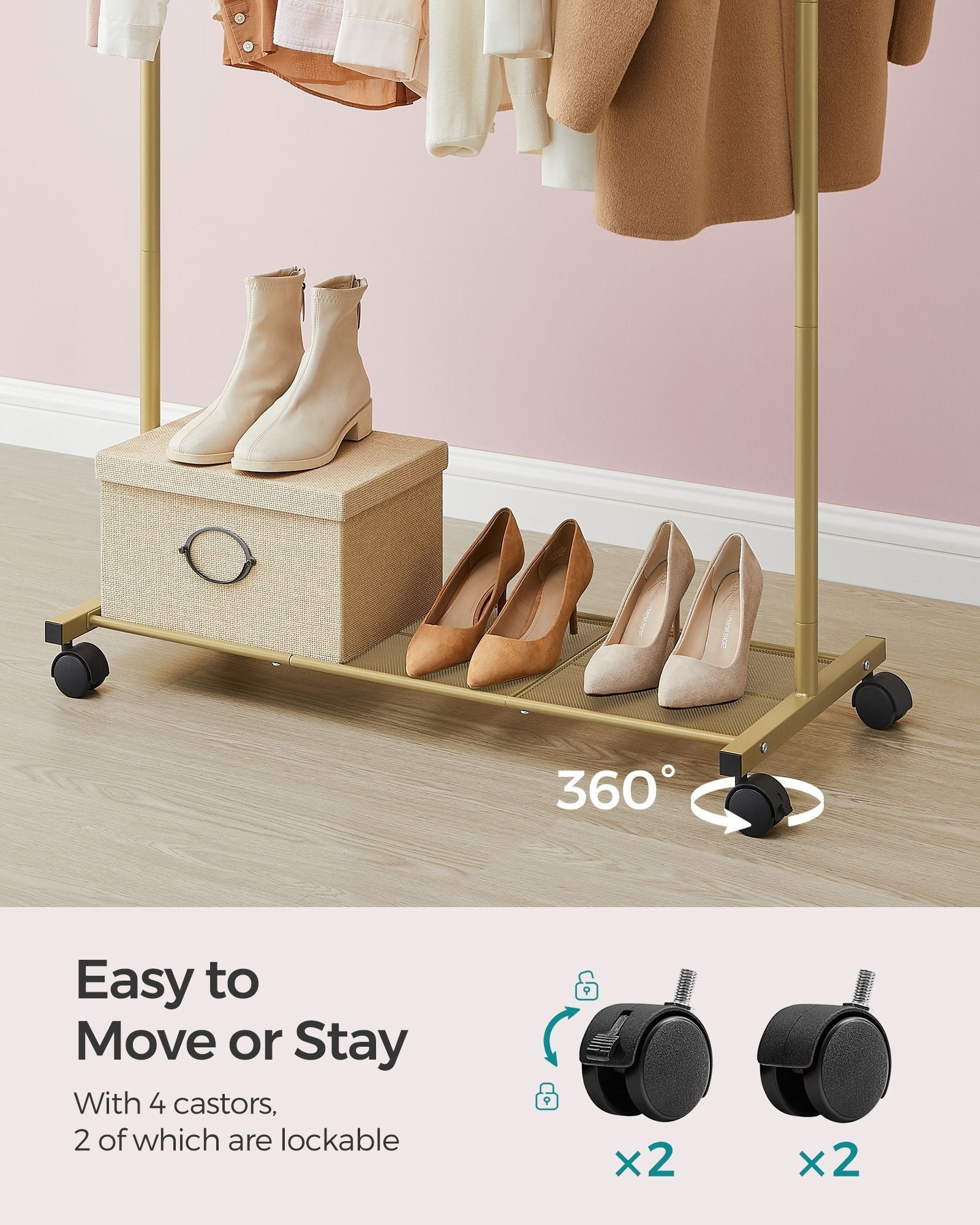 Clothes Rack - Metal - Pale Gold - Portable with Storage Shelf