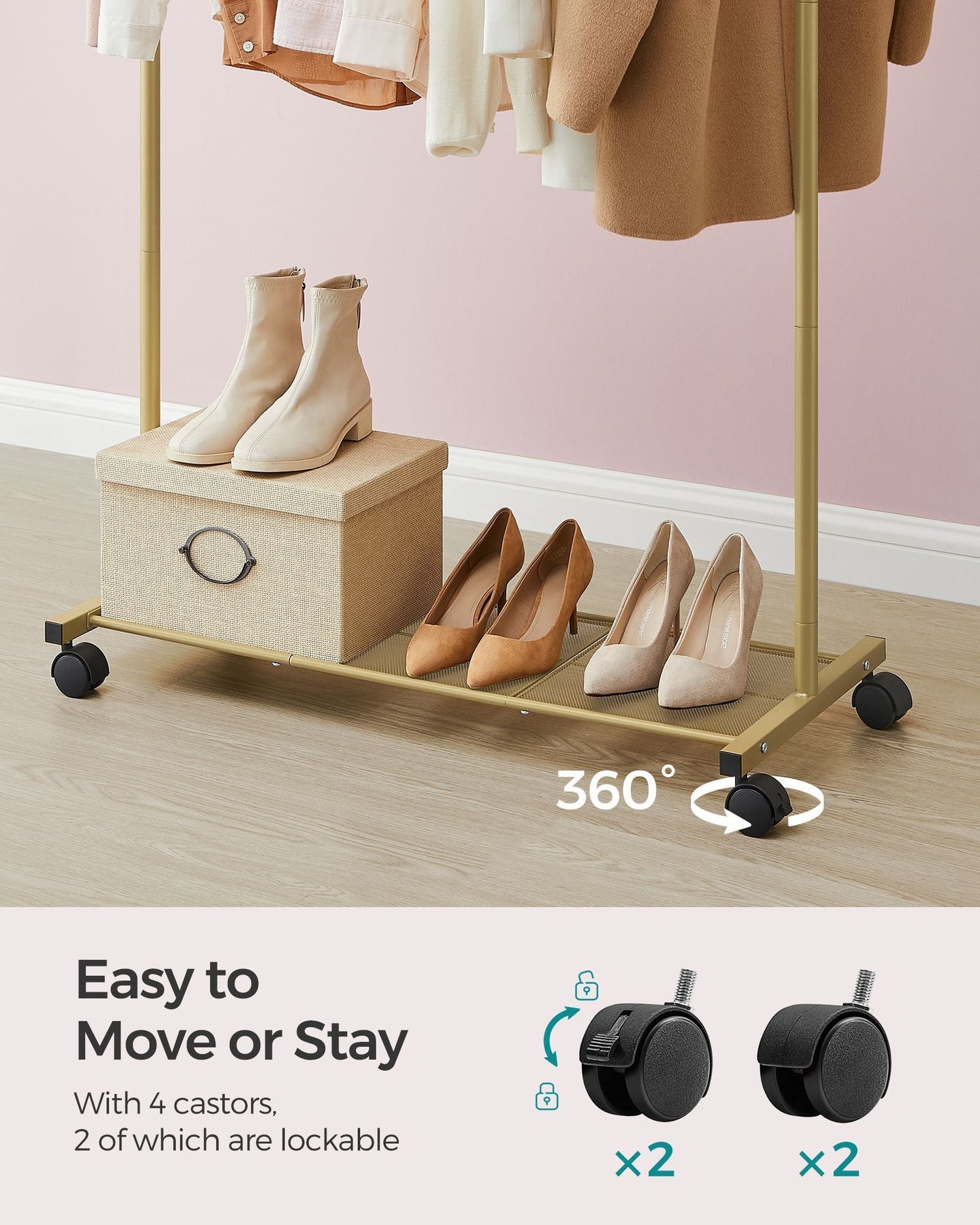 Clothes Rack - Metal - Pale Gold - Portable with Storage Shelf