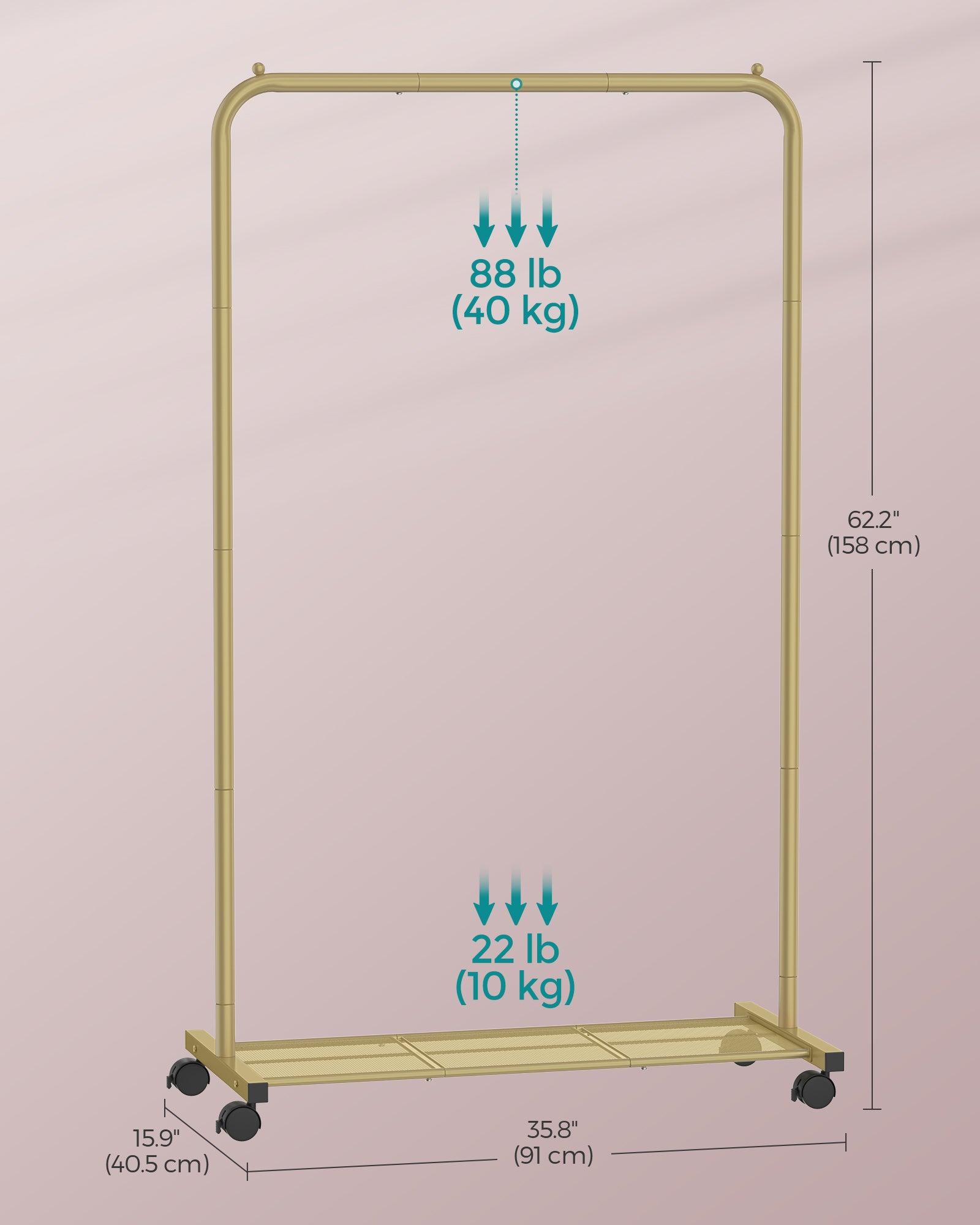 Clothes Rack - Metal - Pale Gold - Portable with Storage Shelf