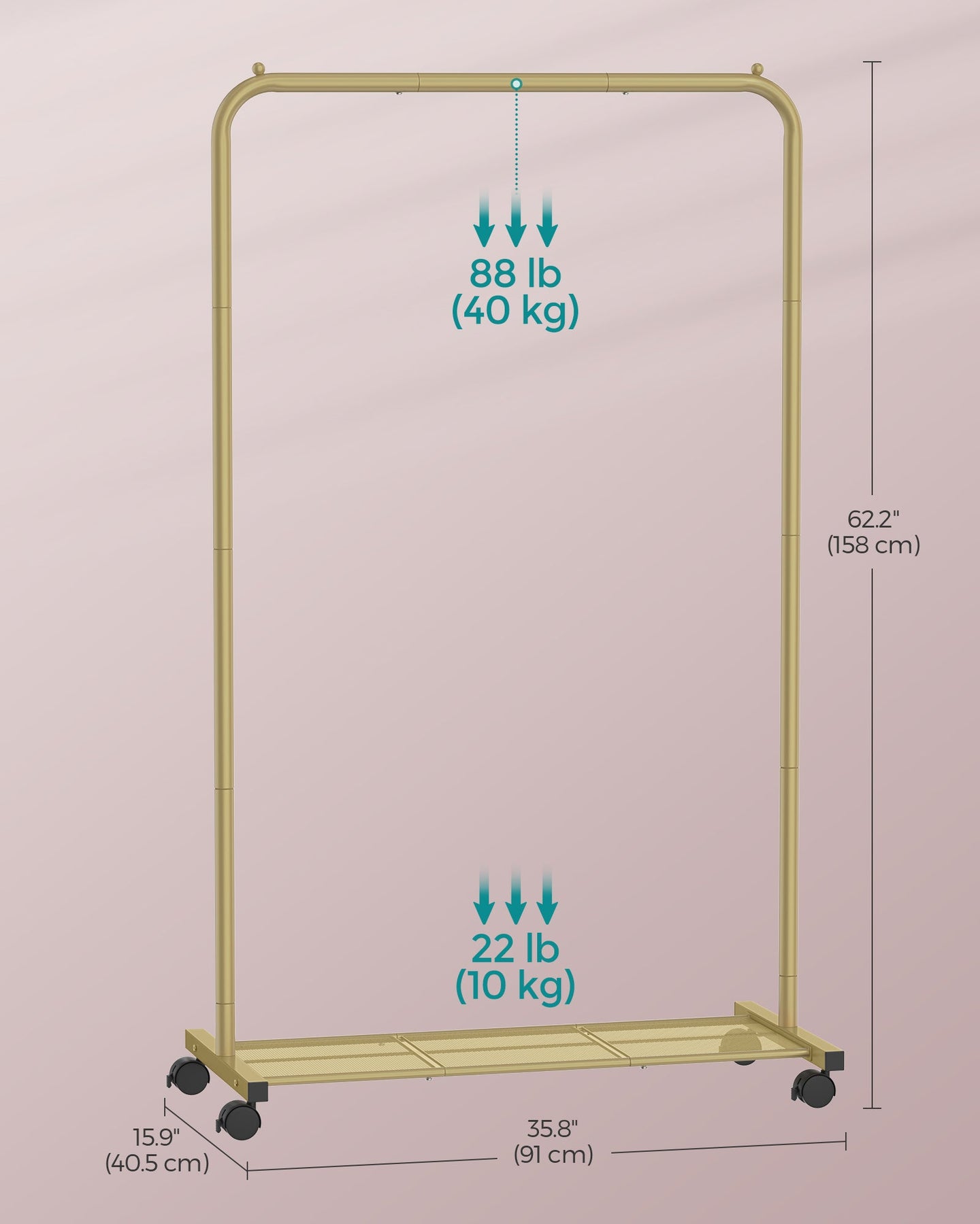 Clothes Rack - Metal - Pale Gold - Portable with Storage Shelf