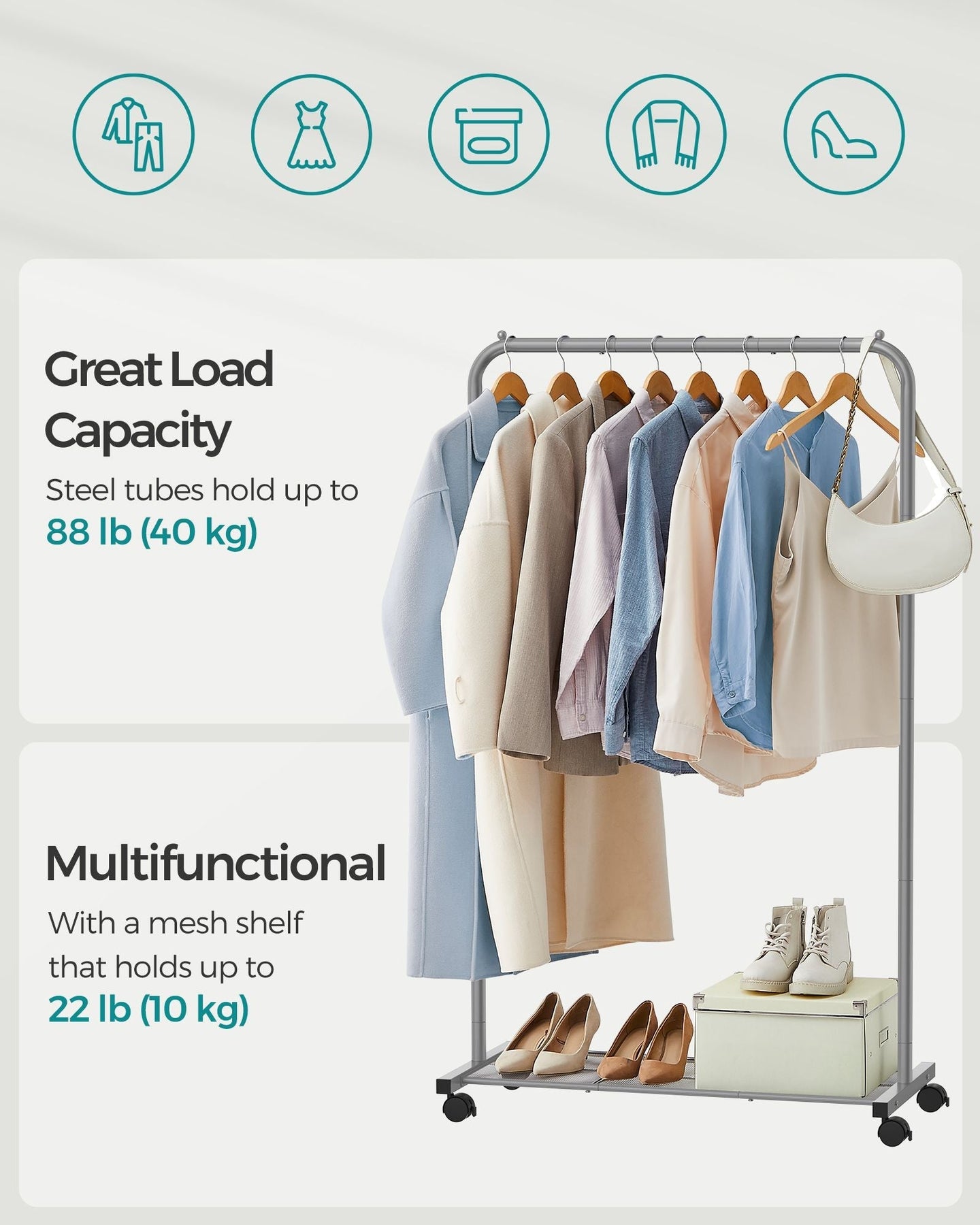 Clothes Rack - Metal - Dove Grey - Rolling with Storage Shelf
