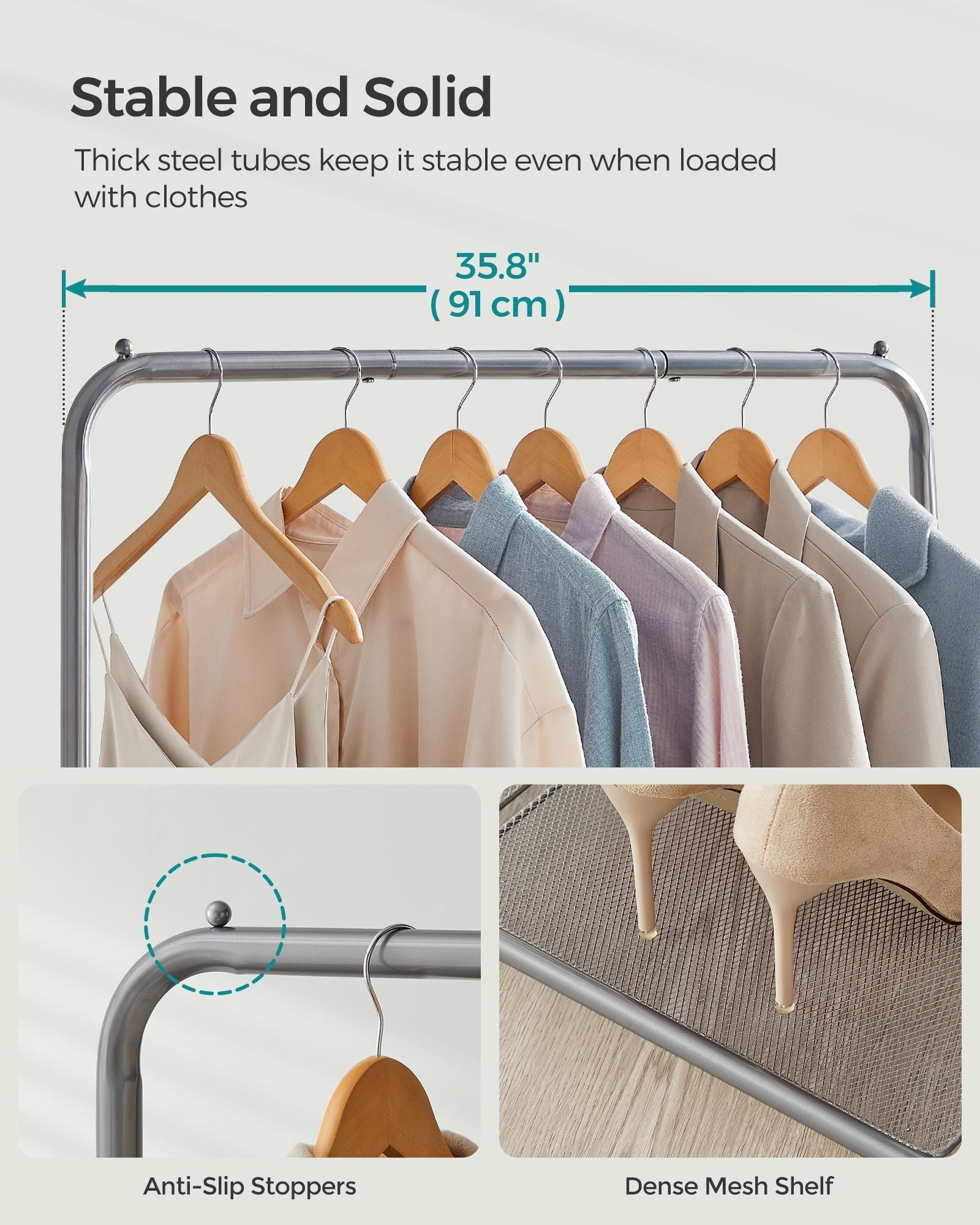 Clothes Rack - Metal - Dove Grey - Rolling with Storage Shelf