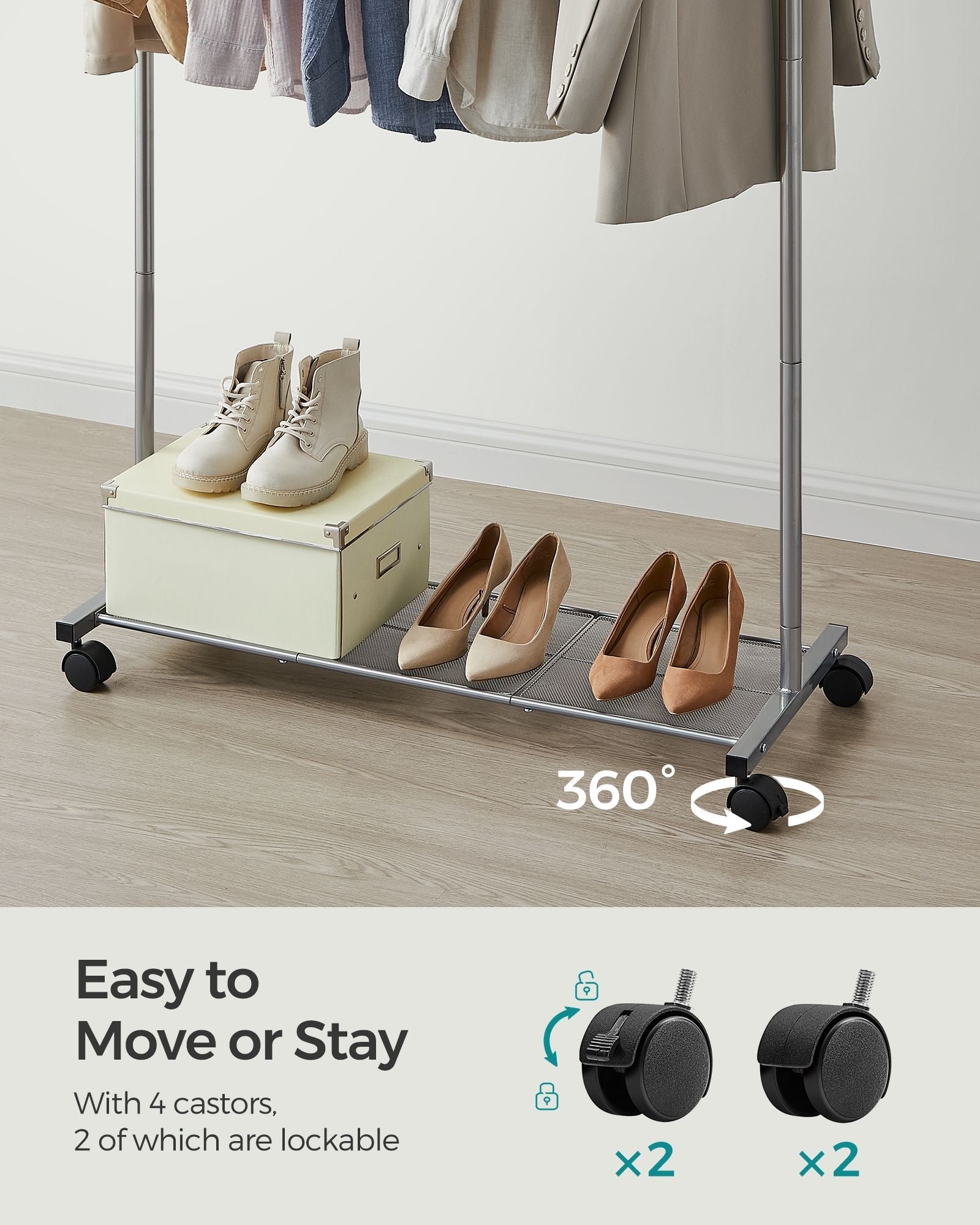 Clothes Rack - Metal - Dove Grey - Rolling with Storage Shelf