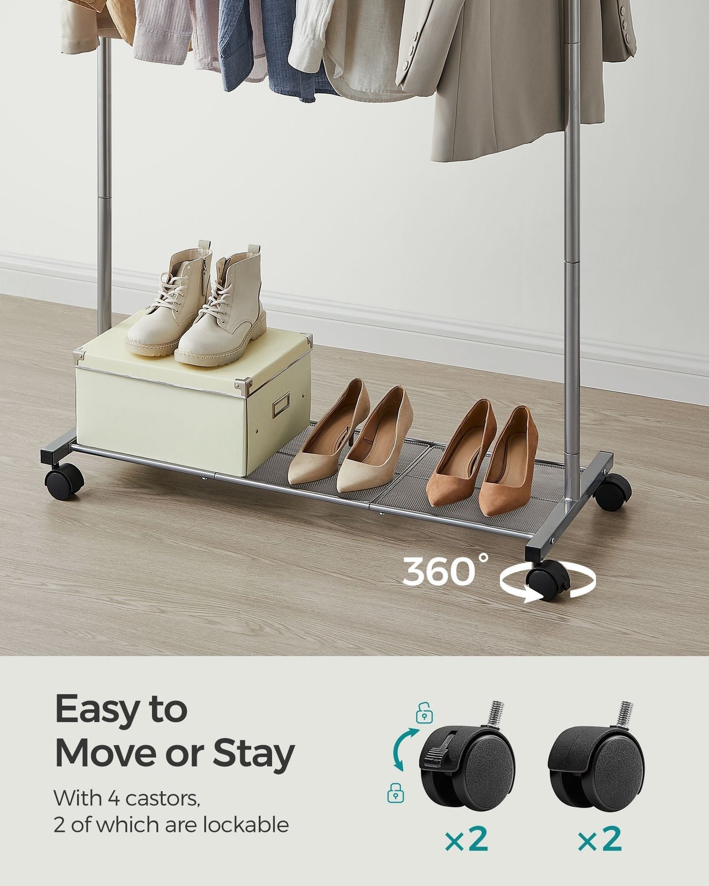 Clothes Rack - Metal - Dove Grey - Rolling with Storage Shelf