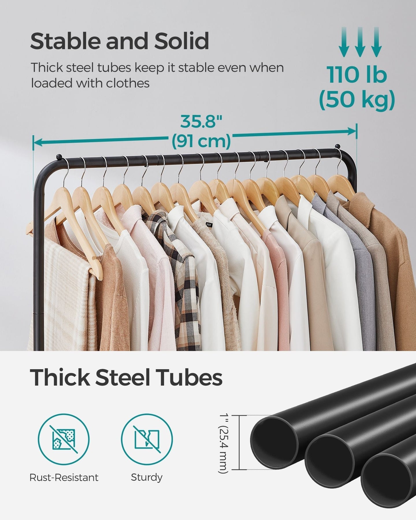 Double-Rod Clothes Rail - Metal - Black - Mobile with Storage Shelf and Lockable Wheels